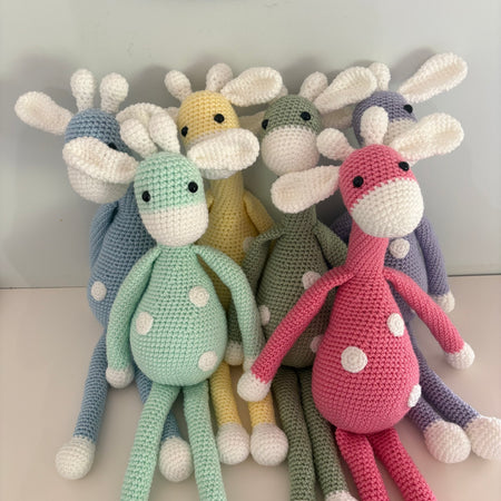 Long legged goofy giraffe crochet soft toy