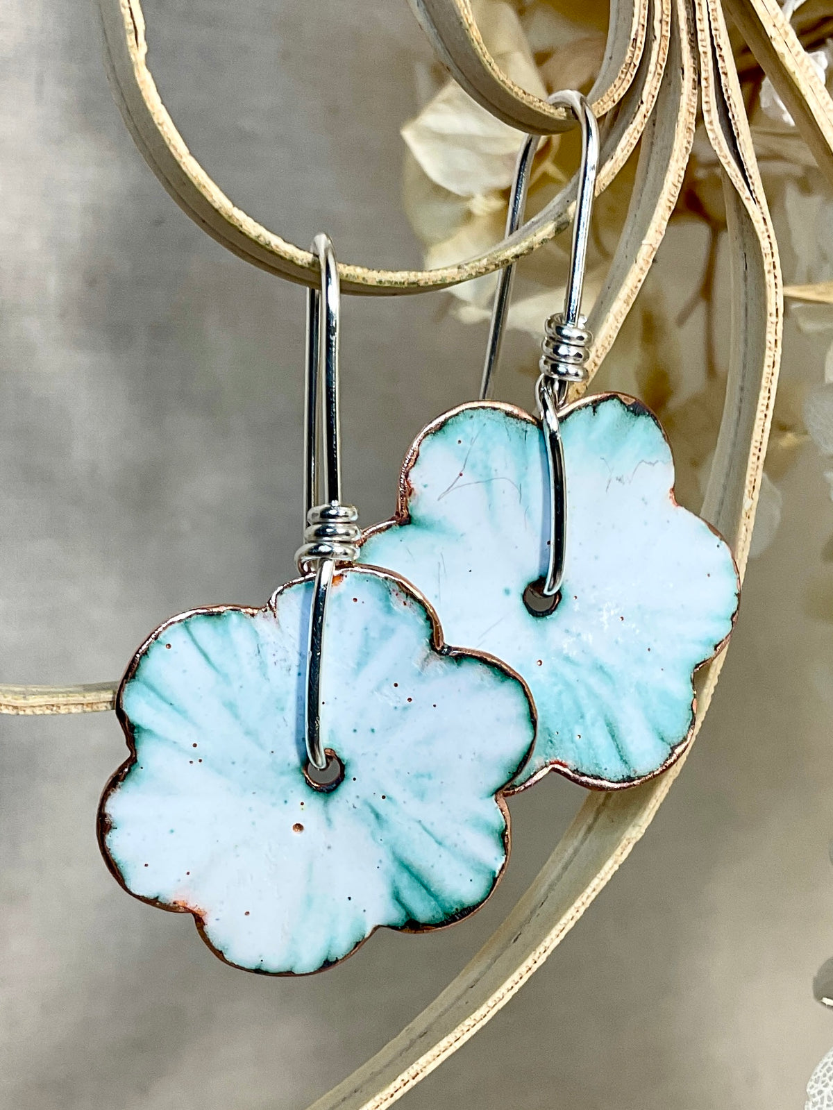 Teal and white flowers. Enamel earrings