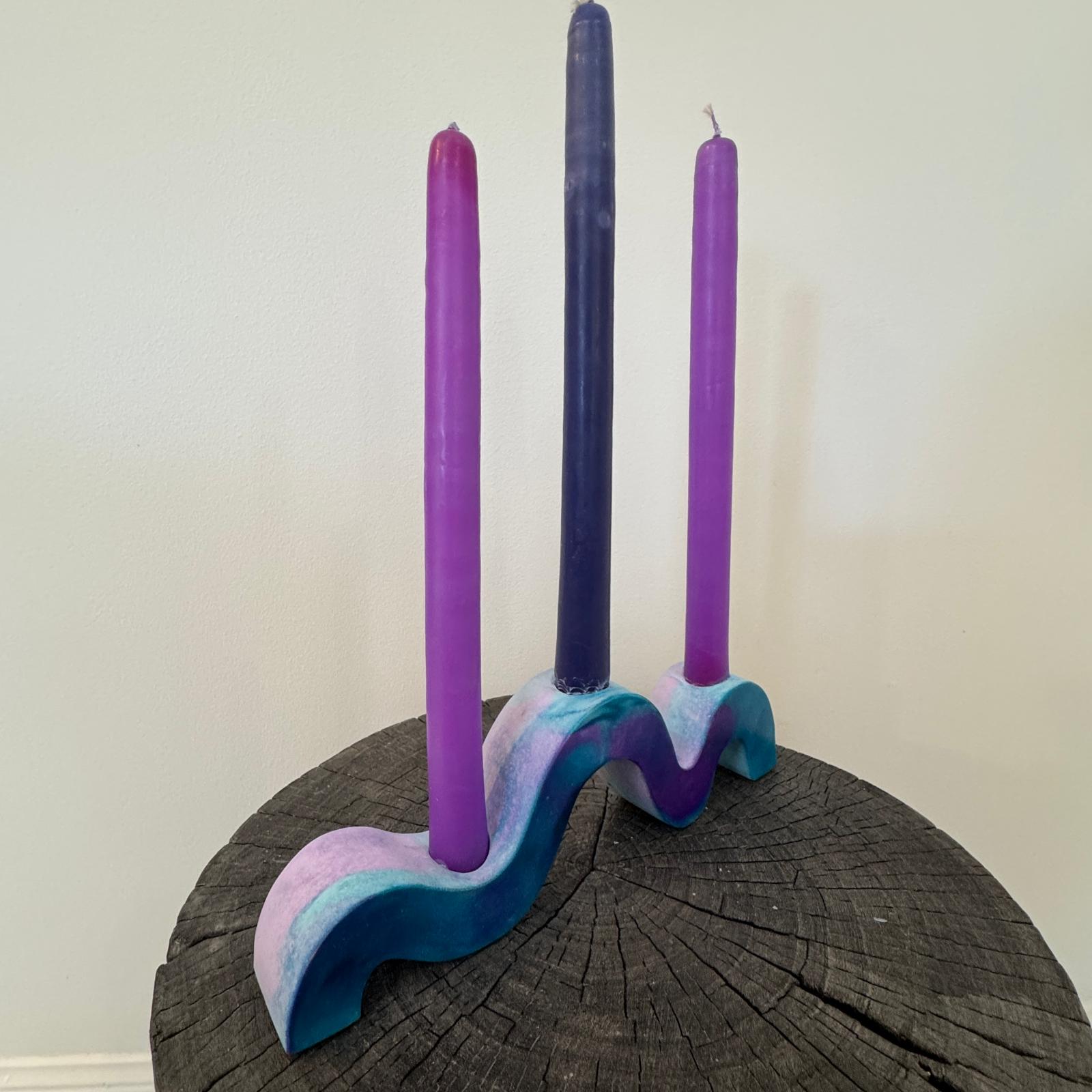 Indigo blue and purple wavy concrete holder for taper candles