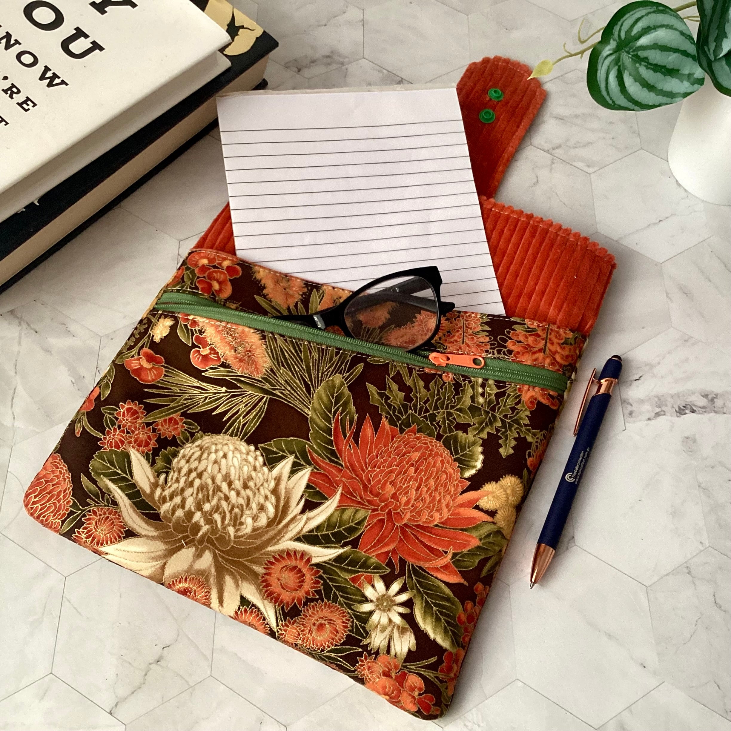 Australian wildflowers Waratahs fabric book sleeve with 2 pockets. iPad, tablet pouch
