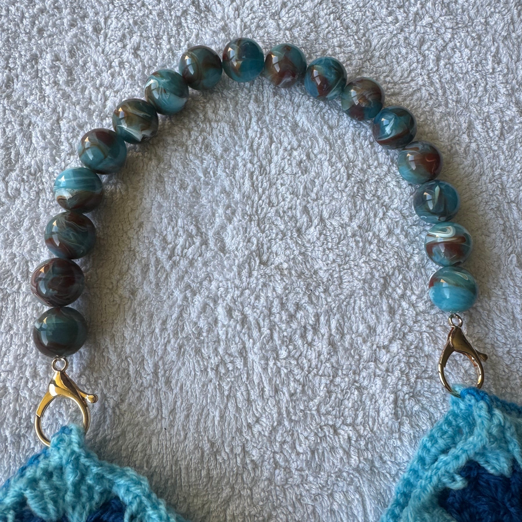 Blue Crochet Granny Square Shoulder Bag with Beaded Strap