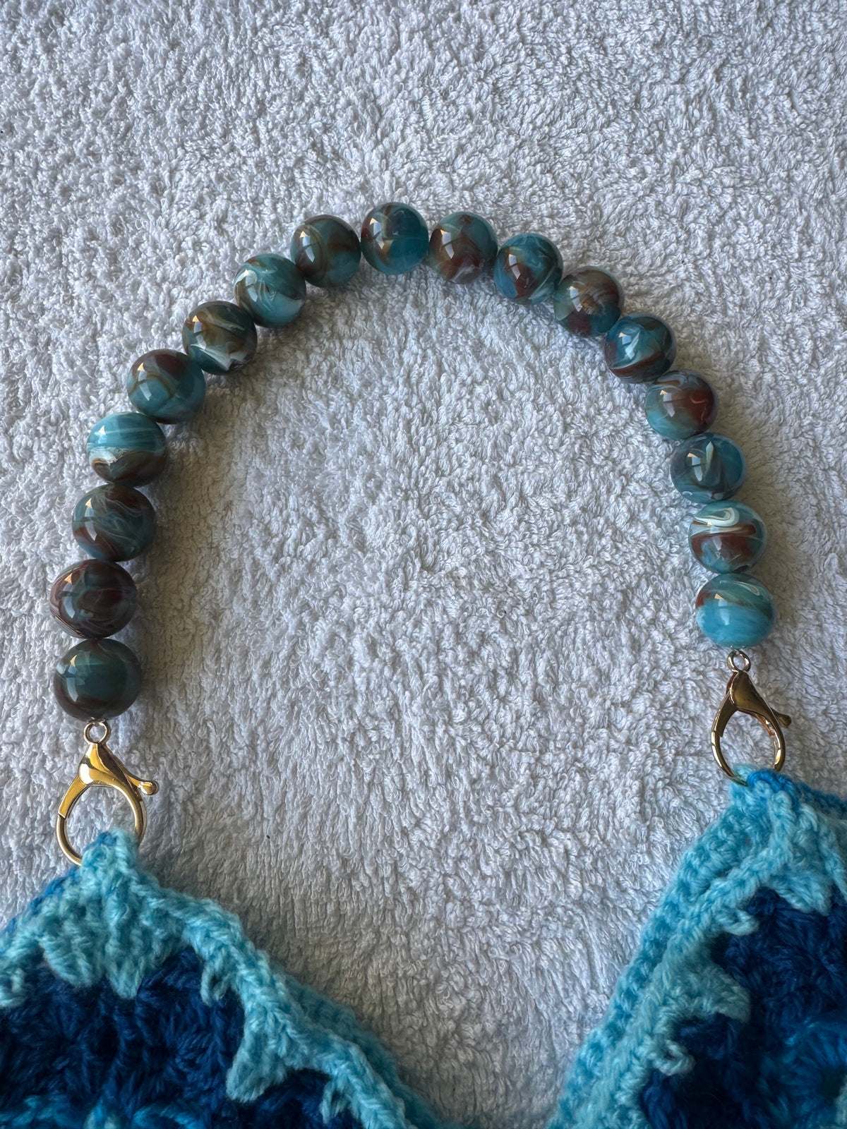 Blue Crochet Granny Square Shoulder Bag with Beaded Strap