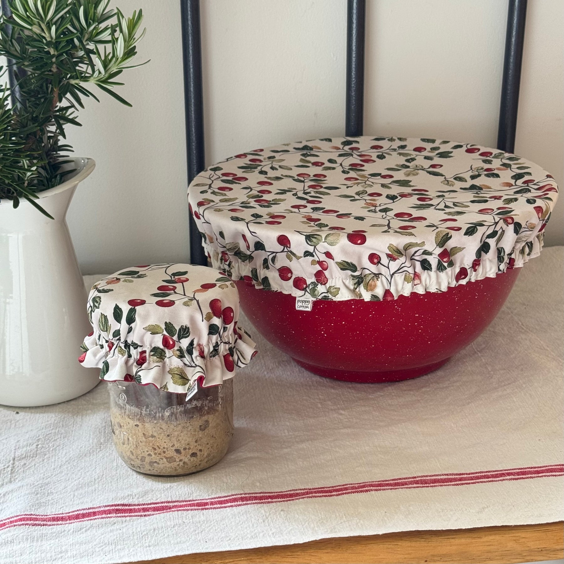 Cherry Print Reversible Cotton Bowl & Jar Covers