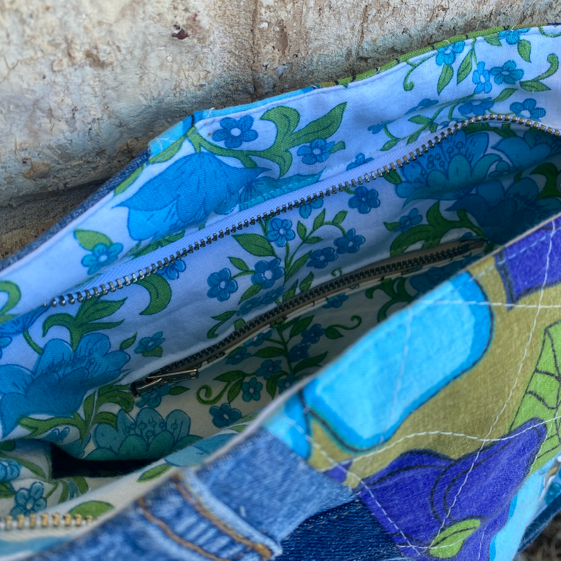 Handmade Shoulder Bag Upcycled Vintage Retro - Blue Bloom