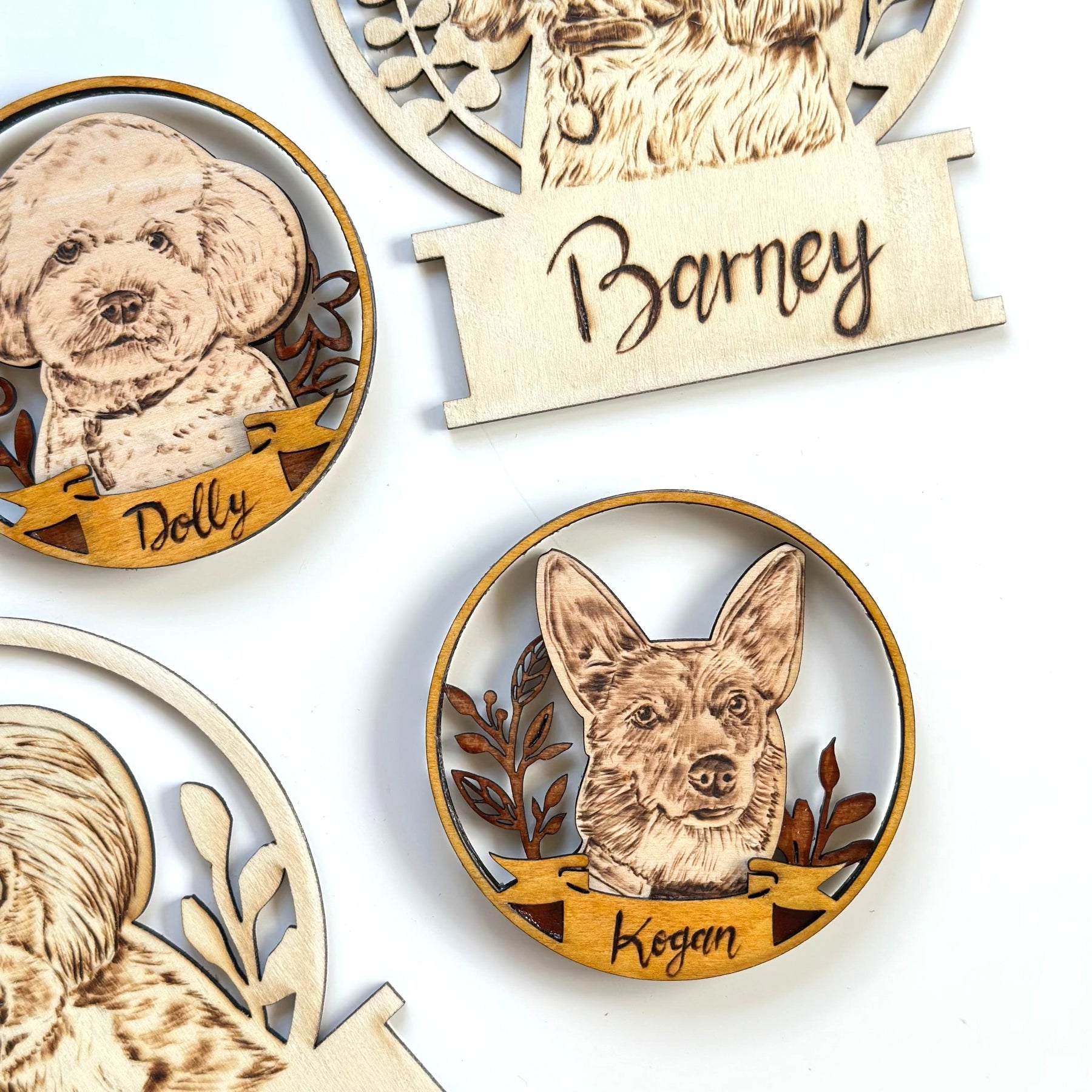 Custom Pet Portrait on Wood Layered Magnet Display – Handmade Pyrography Art