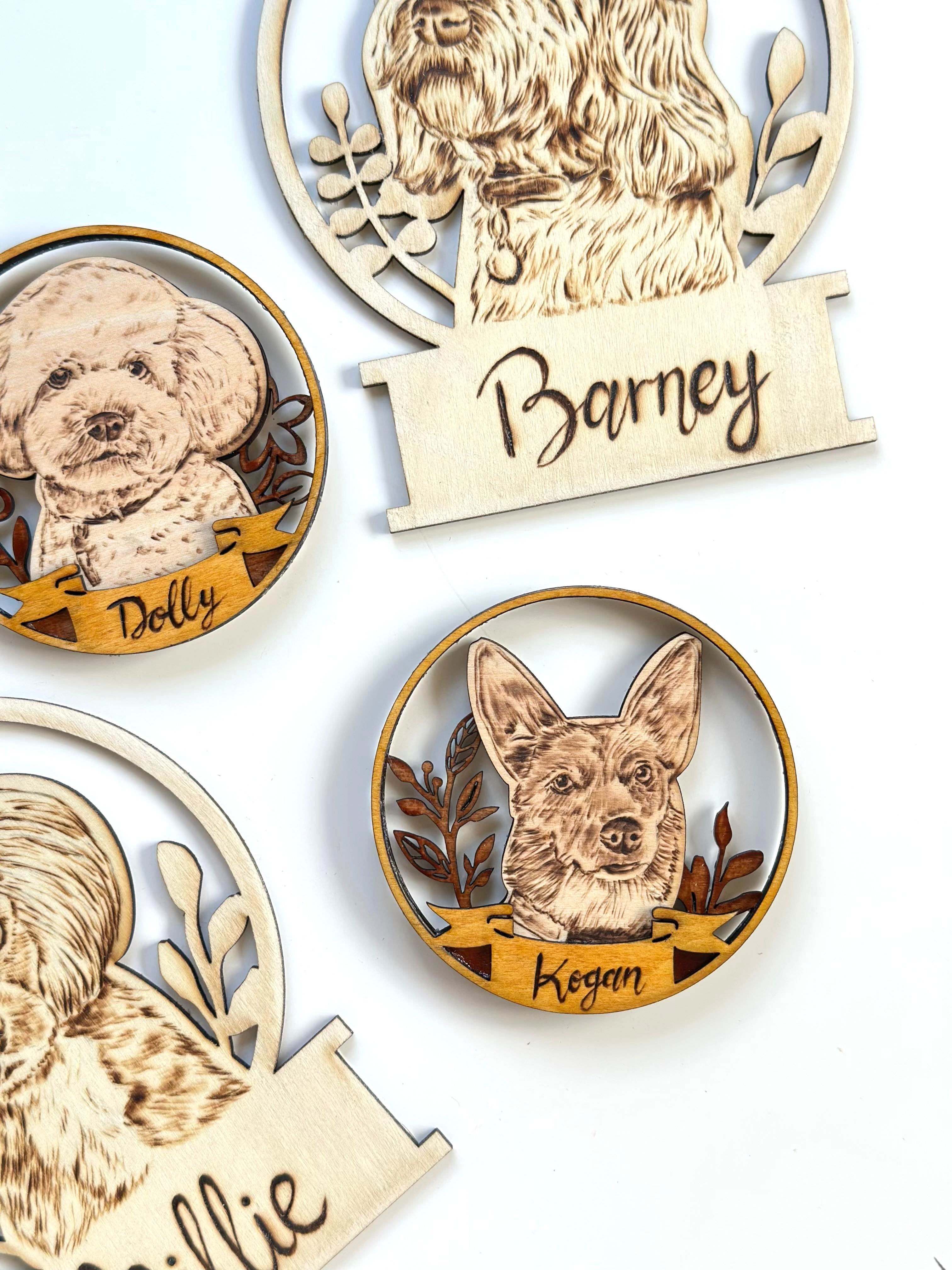 Custom Pet Portrait on Wood Layered Magnet Display – Handmade Pyrography Art