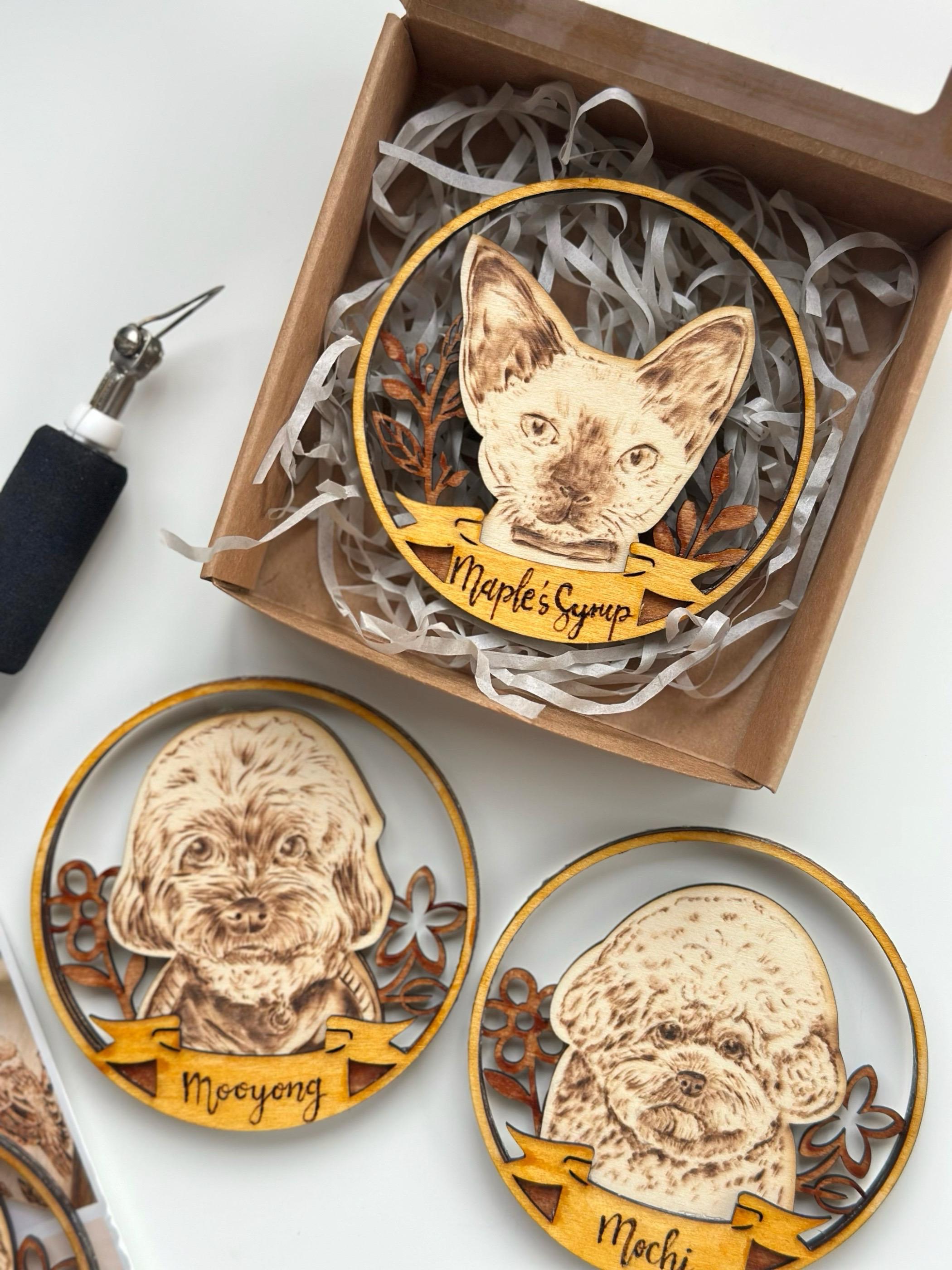 Custom Pet Portrait on Wood Layered Magnet Display – Handmade Pyrography Art