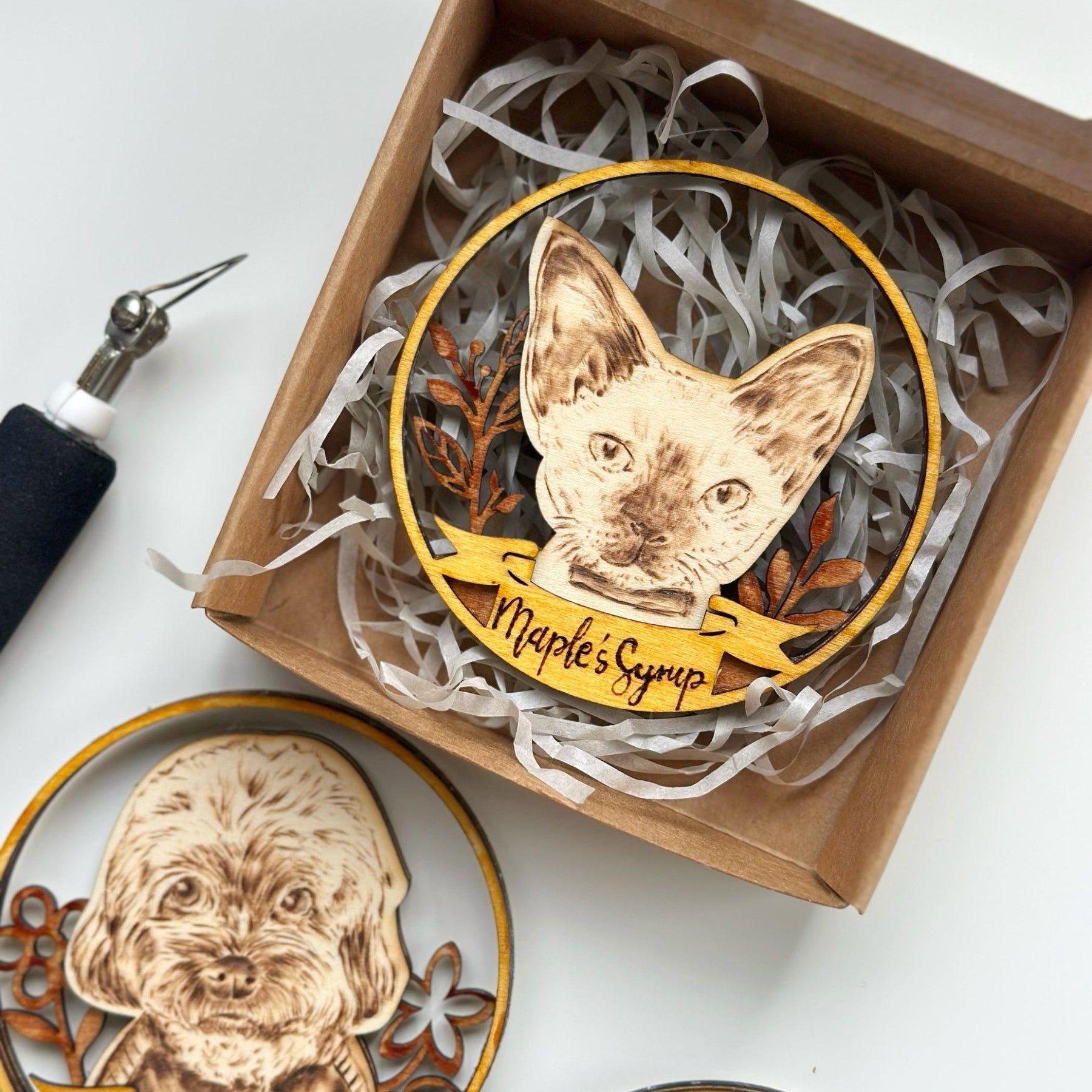 Custom Pet Portrait on Wood Layered Magnet Display – Handmade Pyrography Art