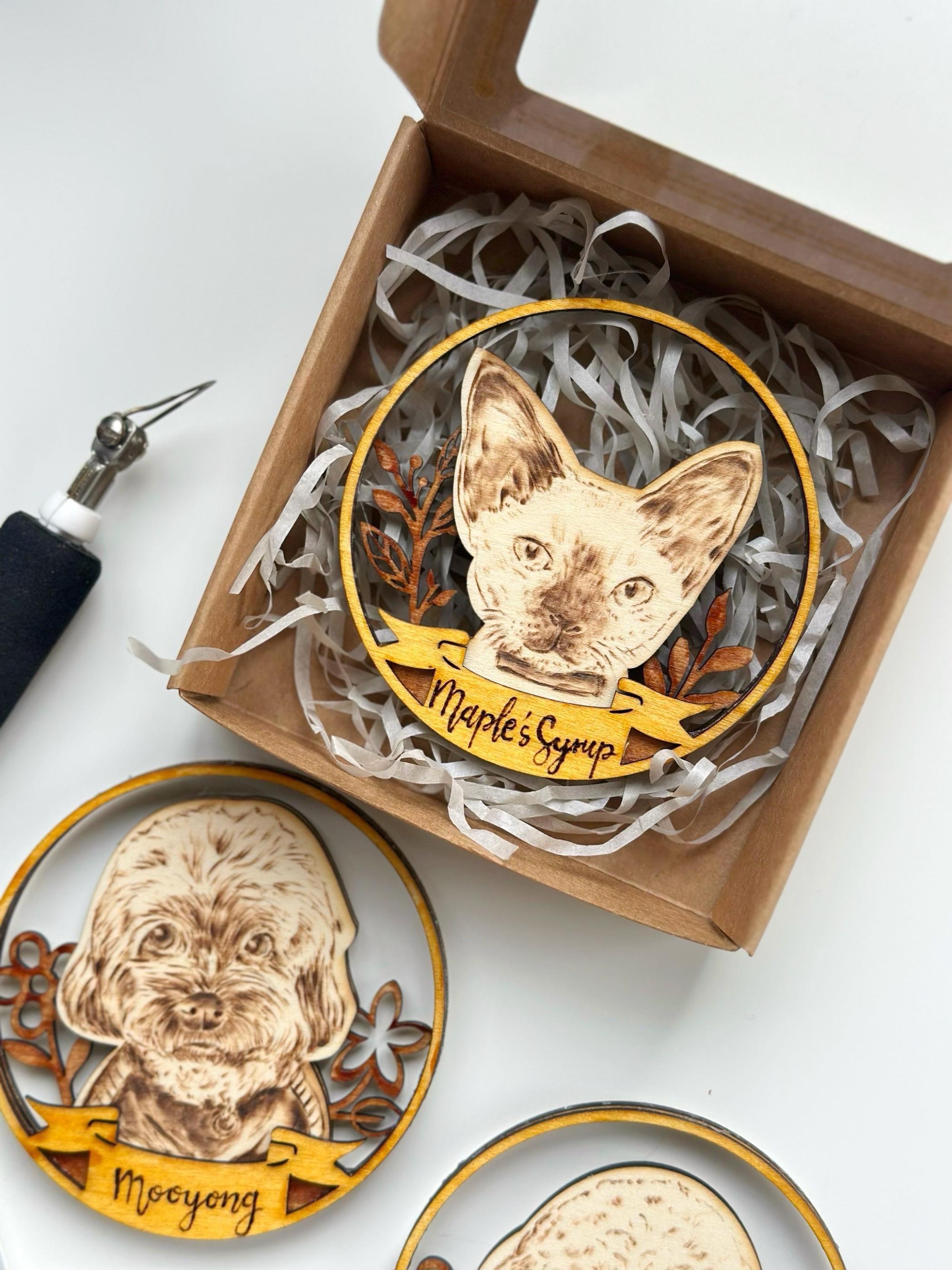 Custom Pet Portrait on Wood Layered Magnet Display – Handmade Pyrography Art