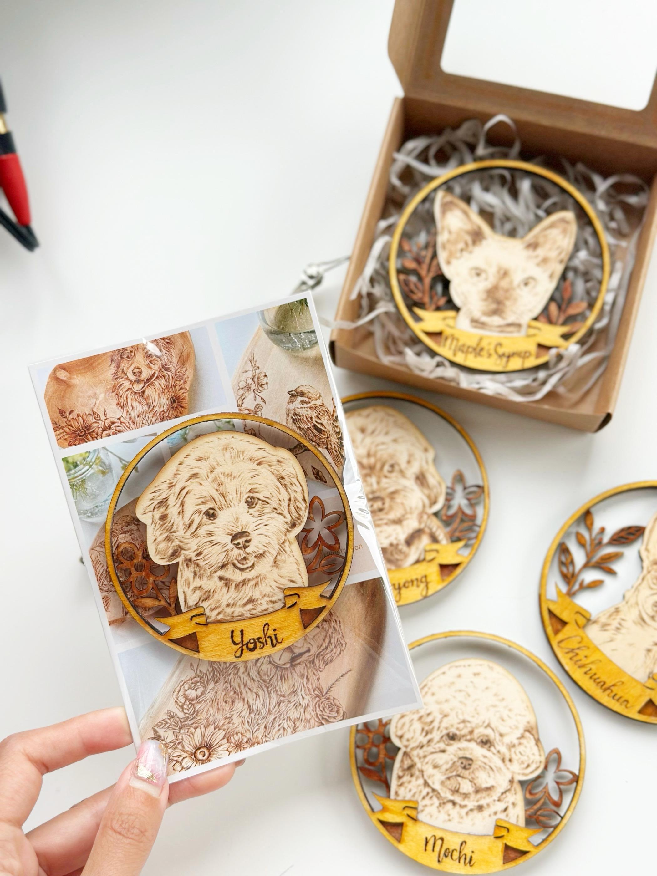 Custom Pet Portrait on Wood Layered Magnet Display – Handmade Pyrography Art