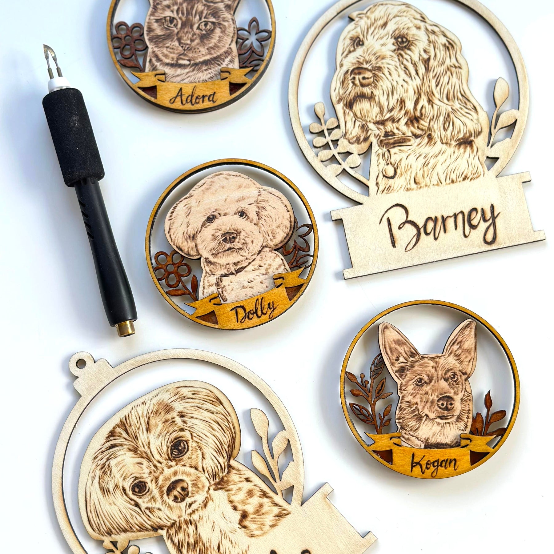 Custom Pet Portrait on Wood Layered Magnet Display – Handmade Pyrography Art