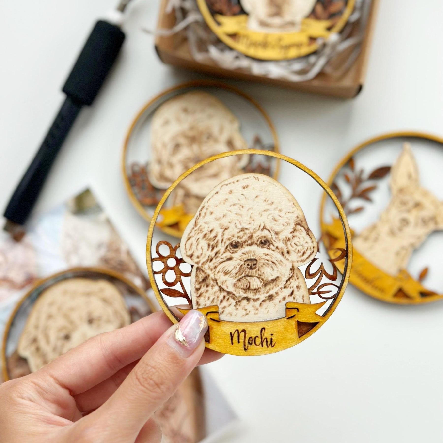 Custom Pet Portrait on Wood Layered Magnet Display – Handmade Pyrography Art