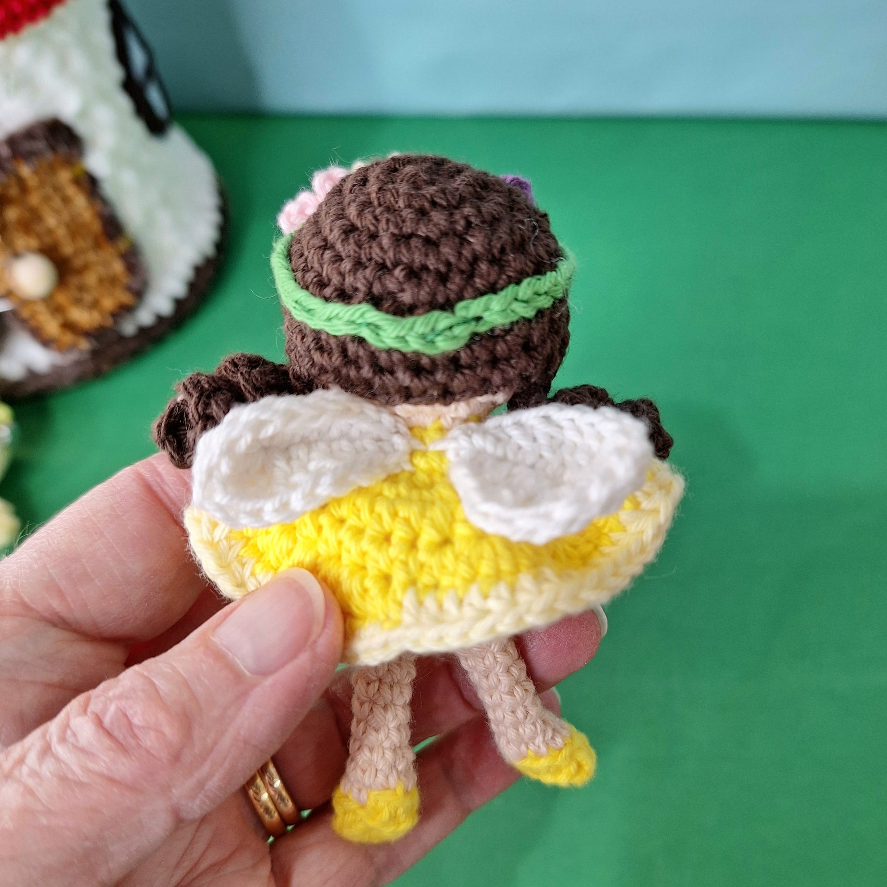 Crocheted Mushroom House Play Set with Two Fairies
