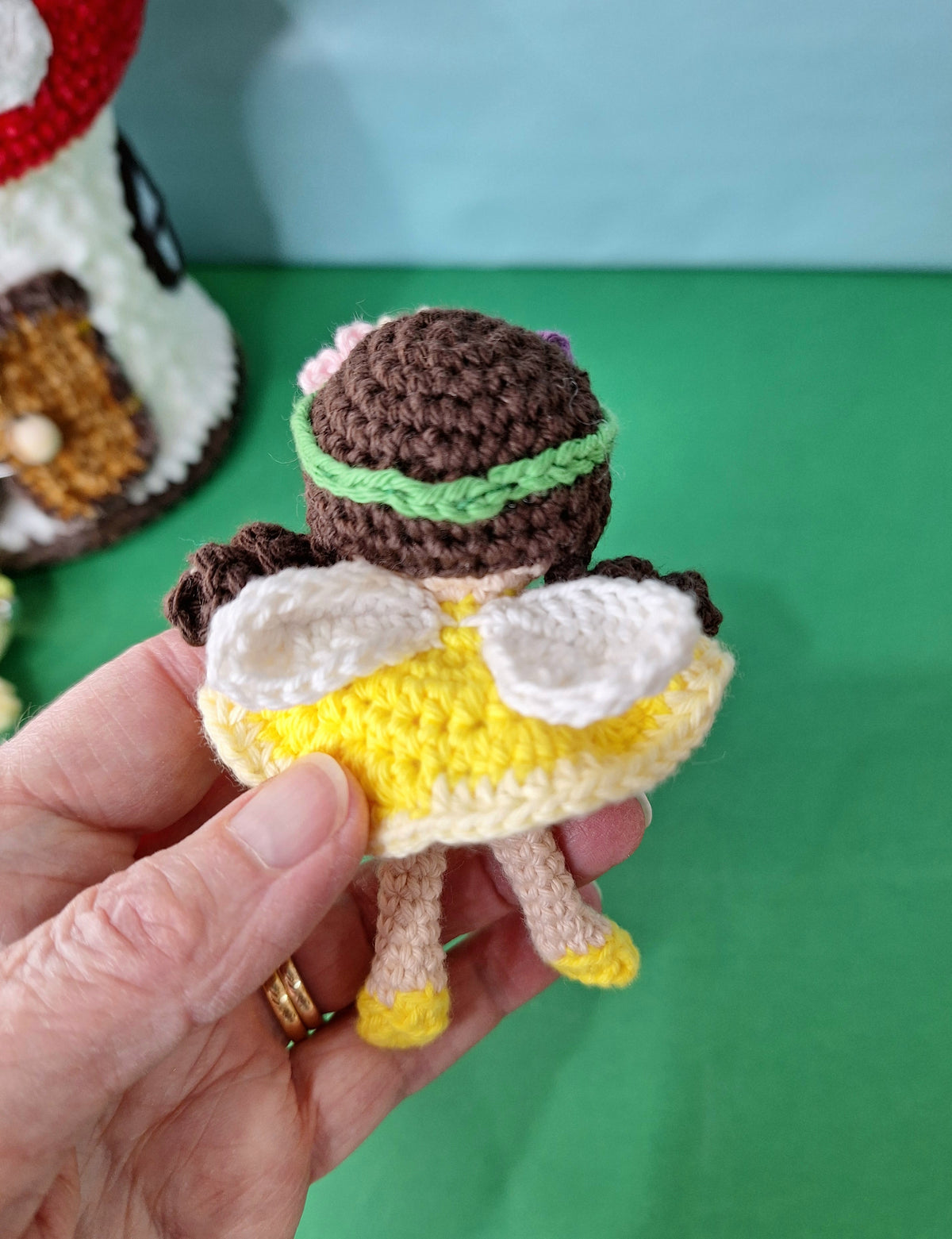 Crocheted Mushroom House Play Set with Two Fairies