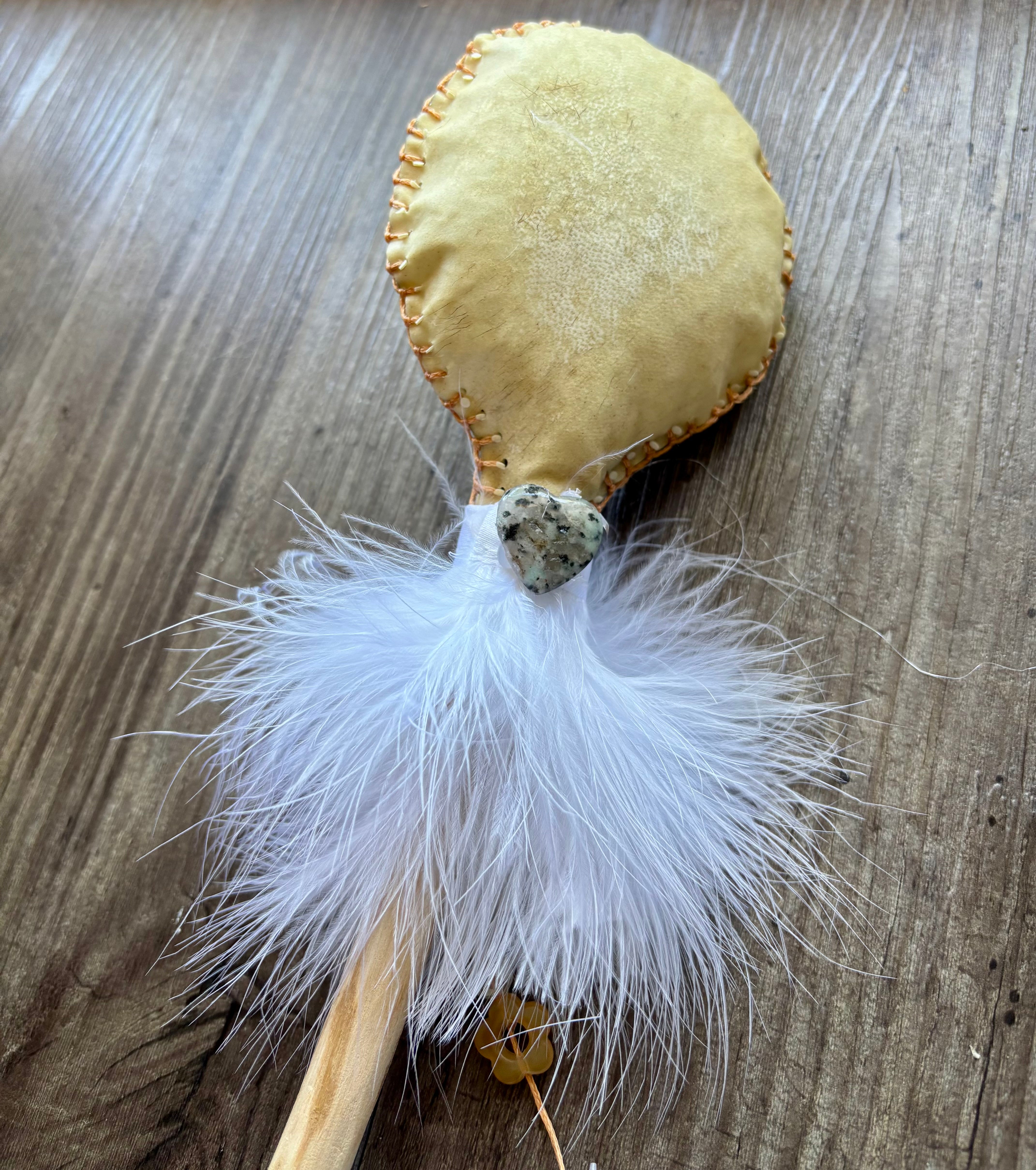 Handmade Goat Hide Rattle – One of a Kind White feathers