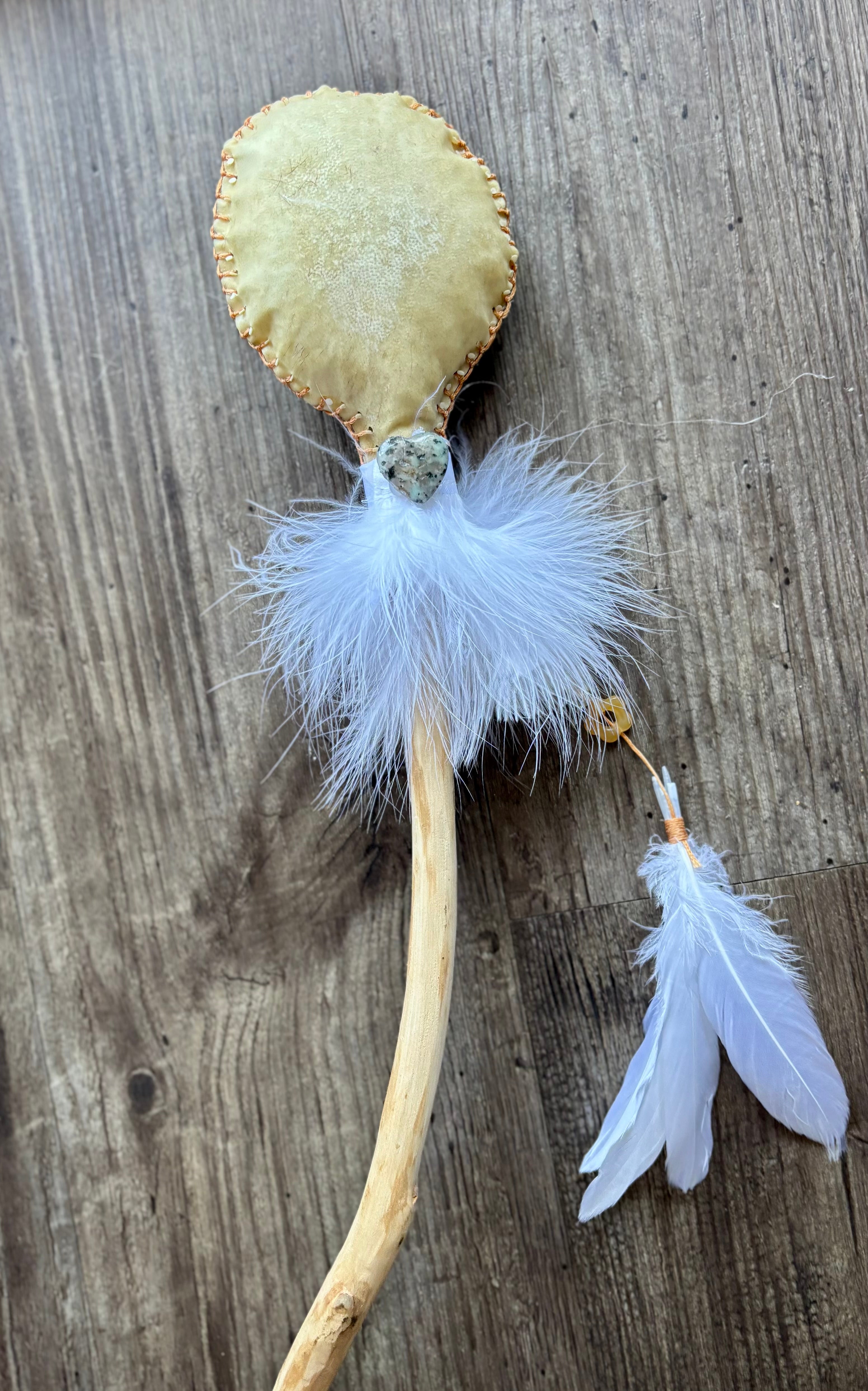 Handmade Goat Hide Rattle – One of a Kind White feathers