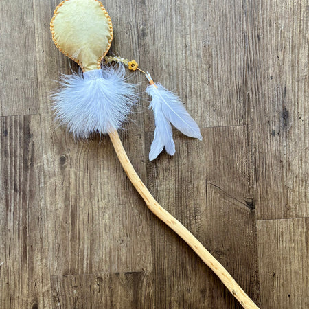Handmade Goat Hide Rattle – One of a Kind White feathers