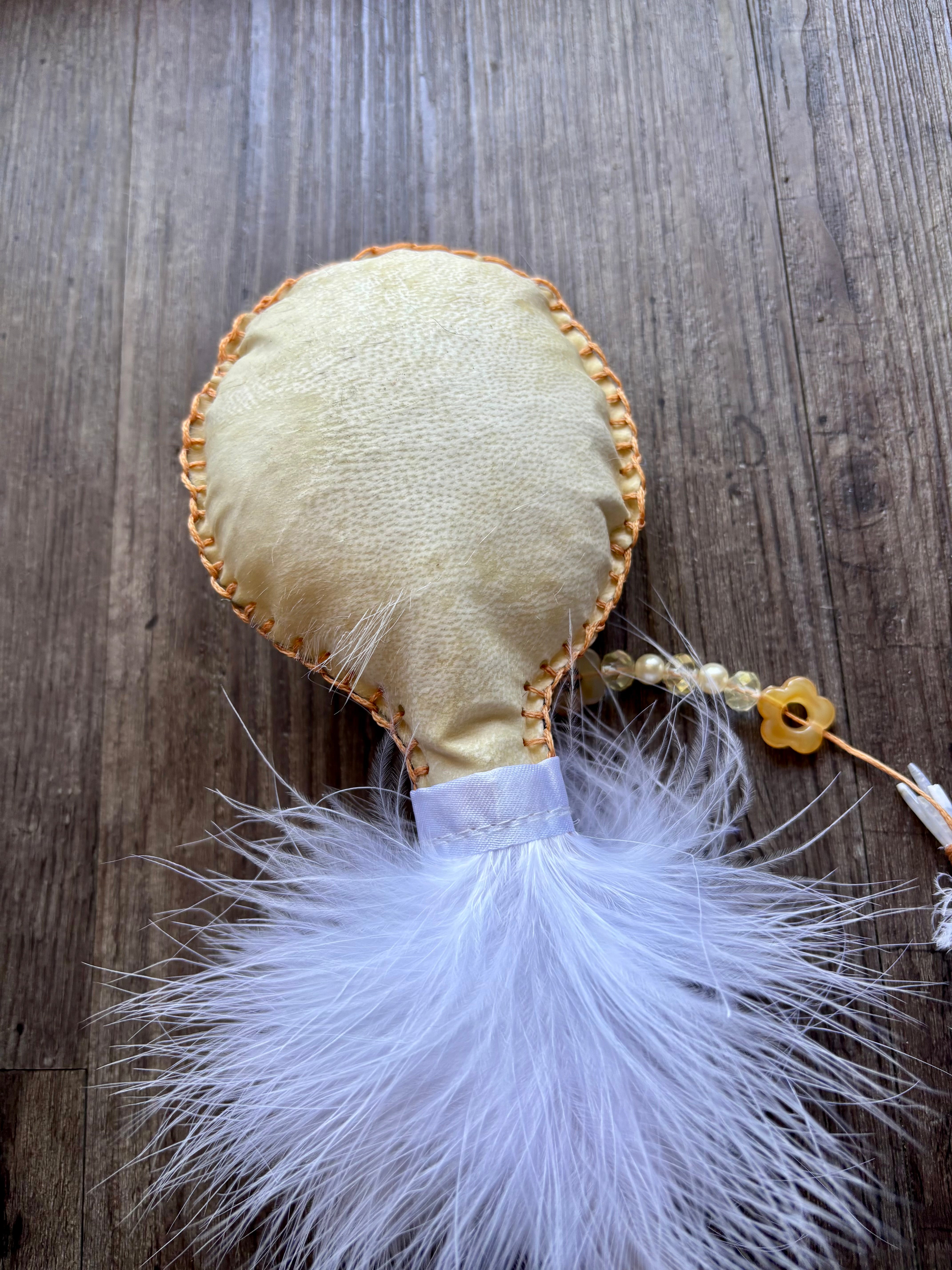 Handmade Goat Hide Rattle – One of a Kind White feathers