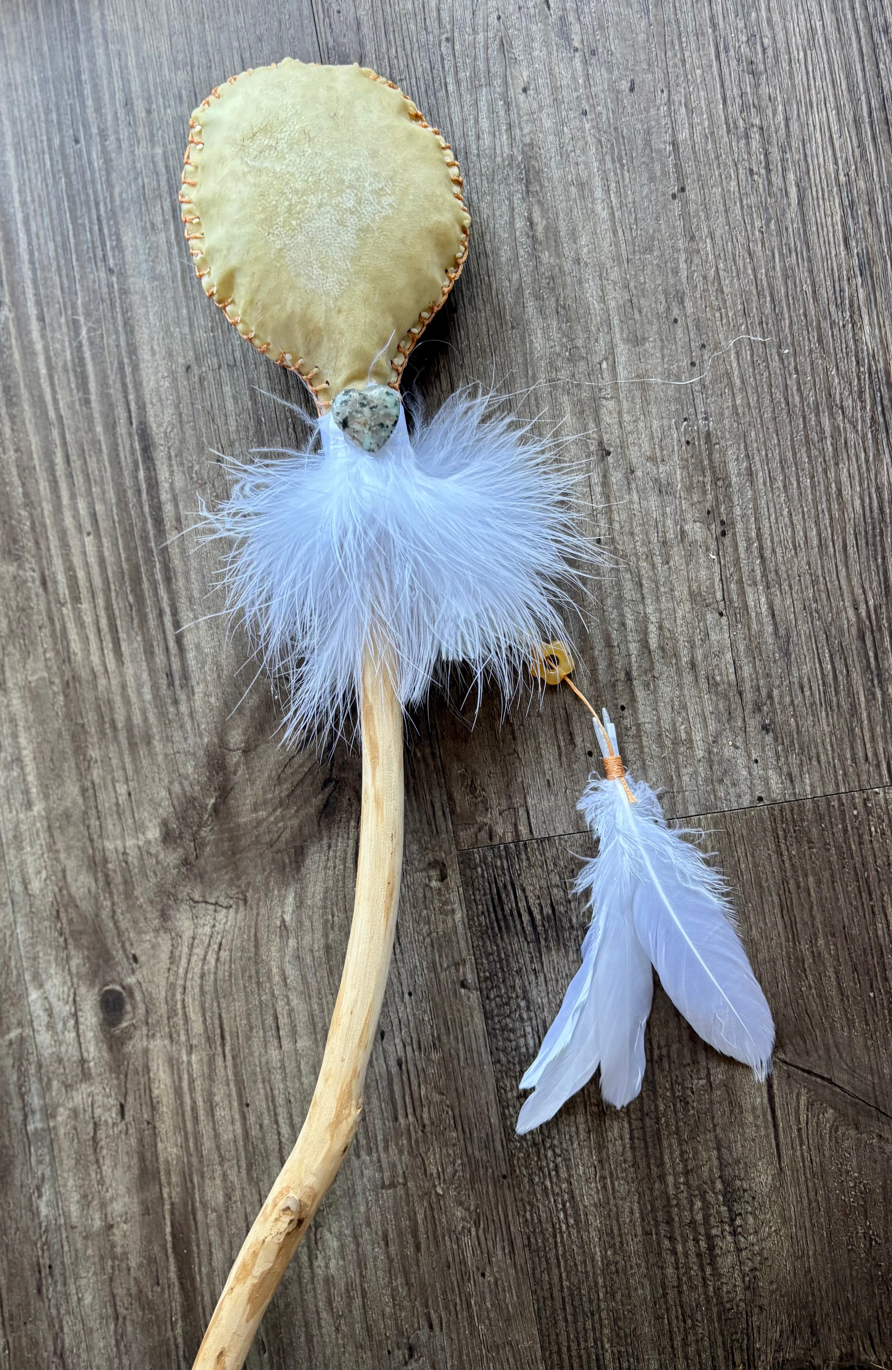 Handmade Goat Hide Rattle – One of a Kind White feathers