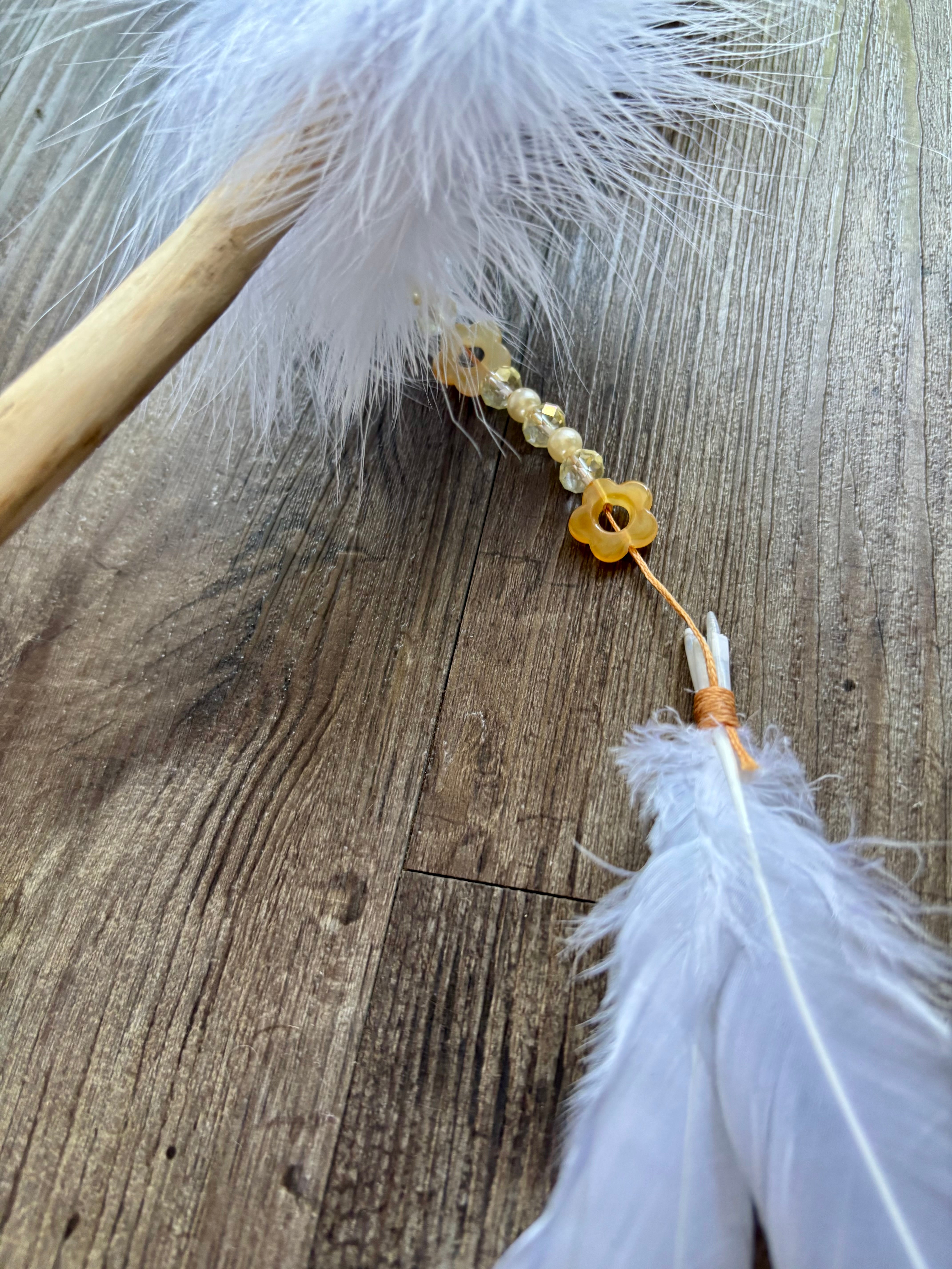 Handmade Goat Hide Rattle – One of a Kind White feathers