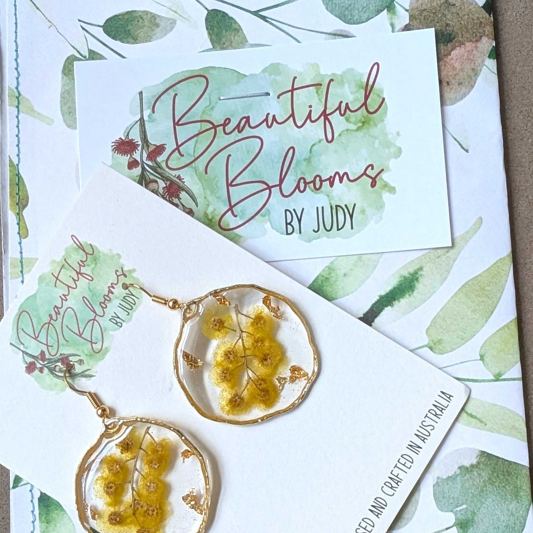 Real Golden Wattle Resin Dangle Earrings