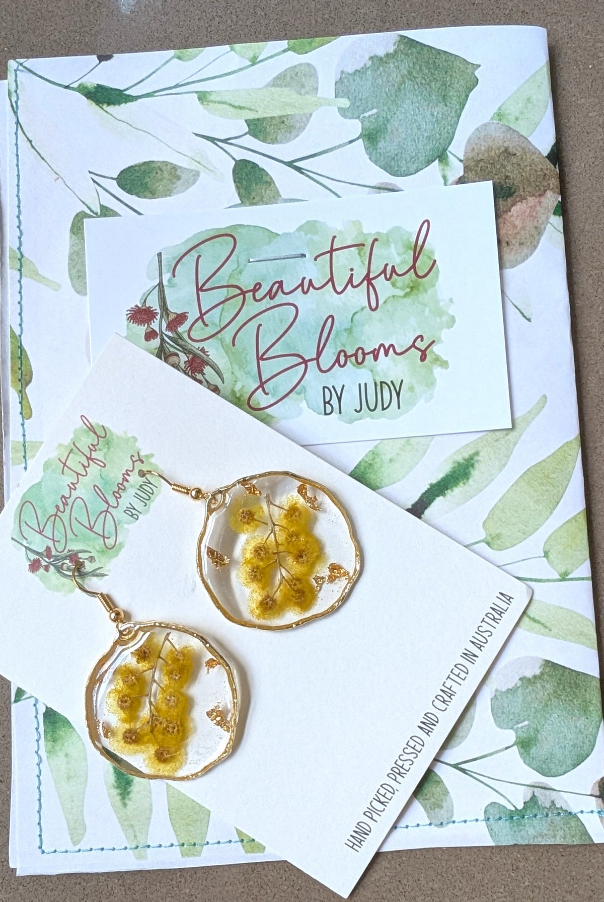 Real Golden Wattle Resin Dangle Earrings