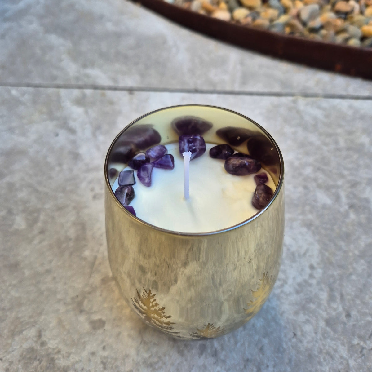 Gold christmas tree glass jar candle with amethyst and lavender