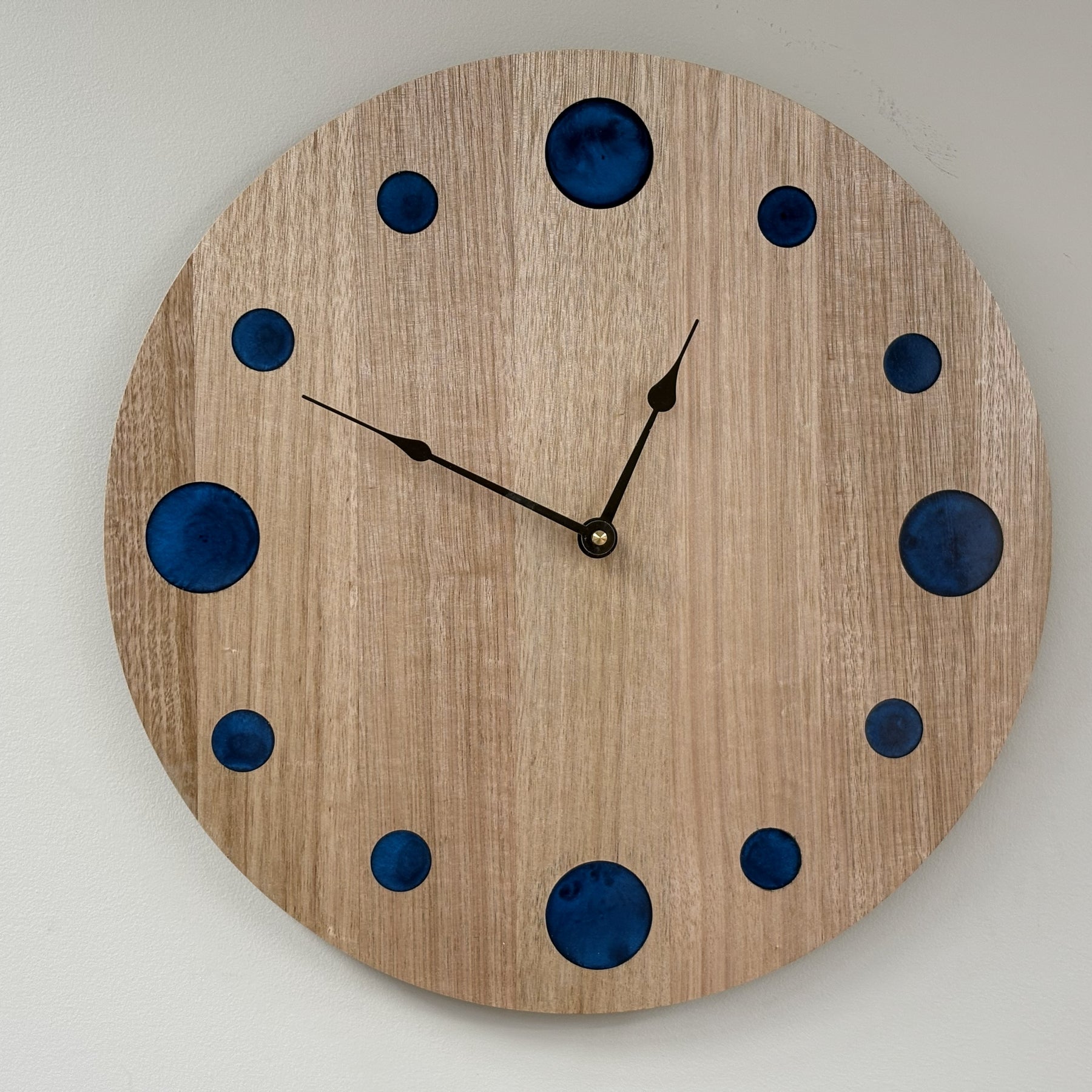 Coastal – Handmade Tasmanian Oak Wall Clock | Blue Epoxy Resin Markers, Silent Movement | 30cm or 40cm