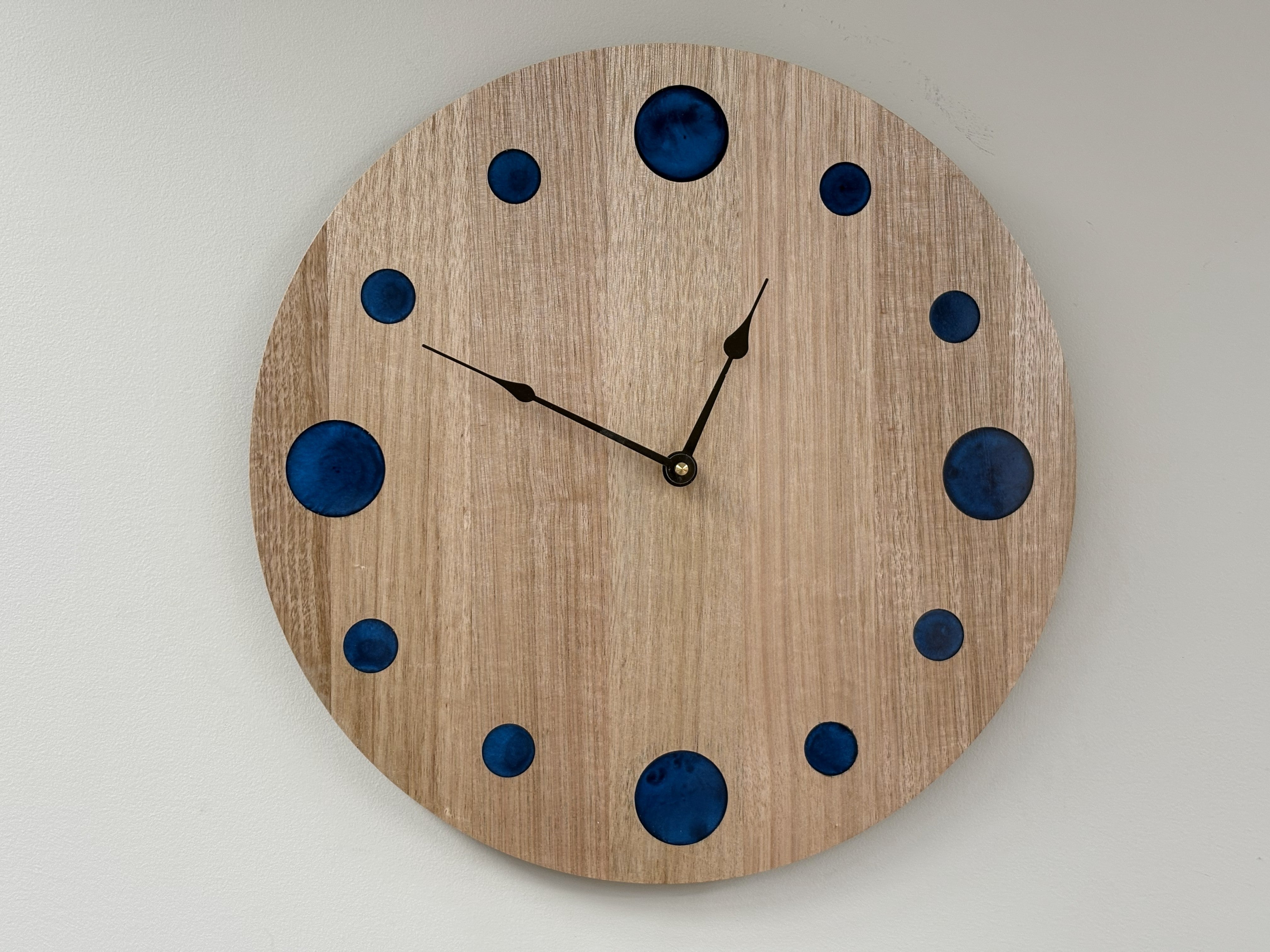 Coastal – Handmade Tasmanian Oak Wall Clock | Blue Epoxy Resin Markers, Silent Movement | 30cm or 40cm