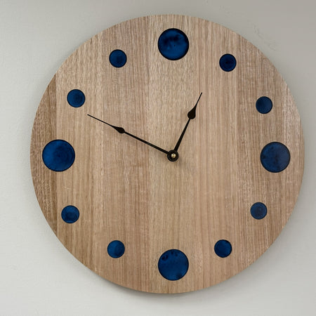 Coastal – Handmade Tasmanian Oak Wall Clock | Blue Epoxy Resin Markers, Silent Movement | 30cm or 40cm