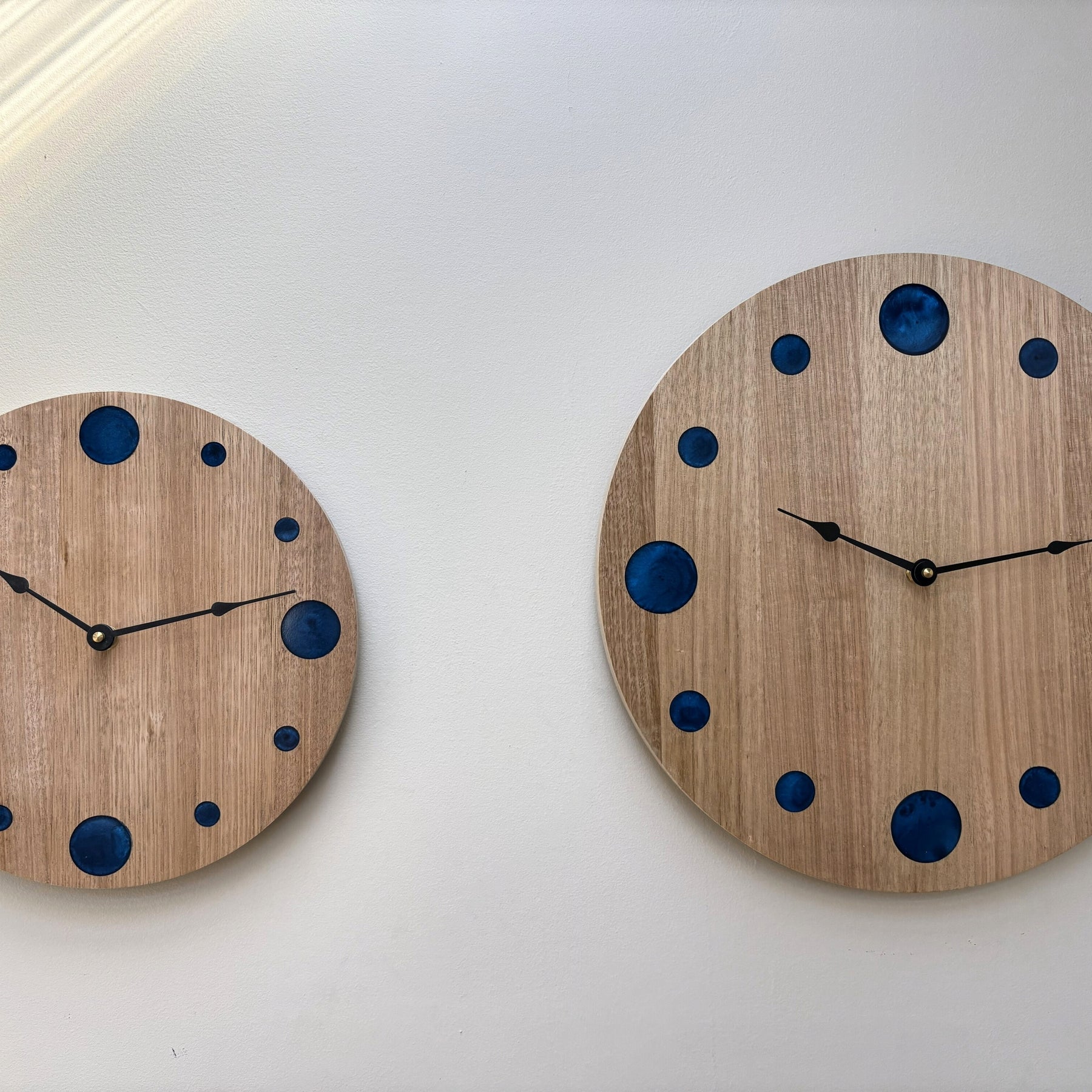 Coastal – Handmade Tasmanian Oak Wall Clock | Blue Epoxy Resin Markers, Silent Movement | 30cm or 40cm