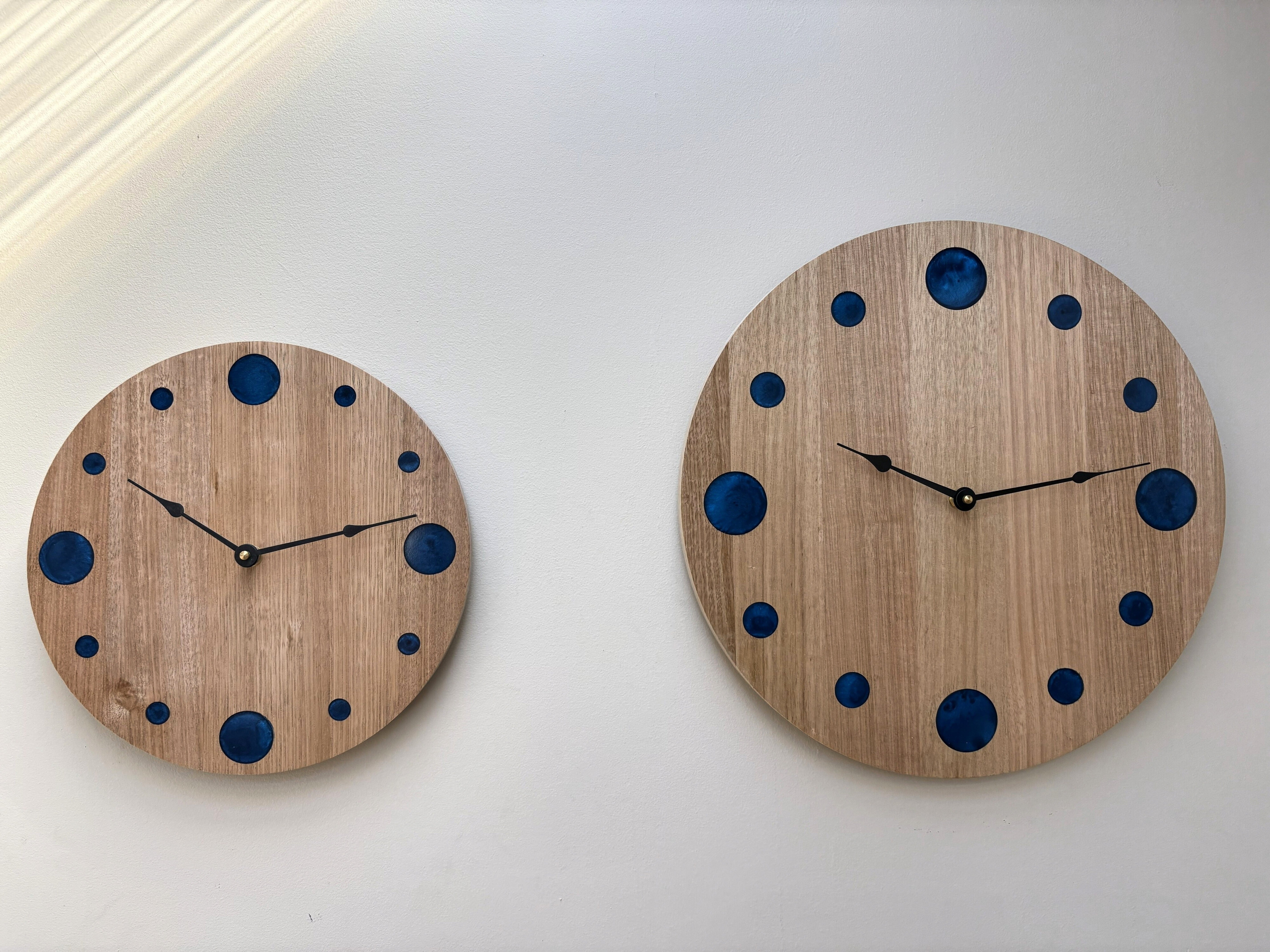 Coastal – Handmade Tasmanian Oak Wall Clock | Blue Epoxy Resin Markers, Silent Movement | 30cm or 40cm