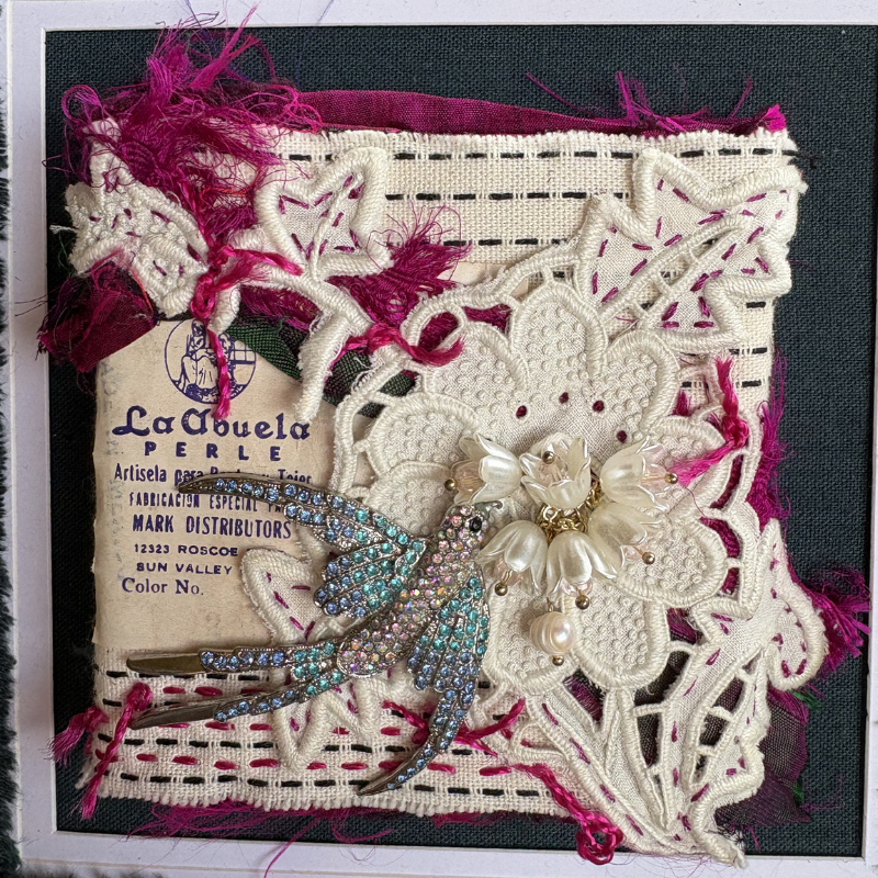 Jewelled bird and flowers, framed mixed media
