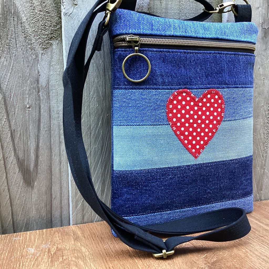 Upcycled Denim Crossbody Bag - Red Polka Dot Heart