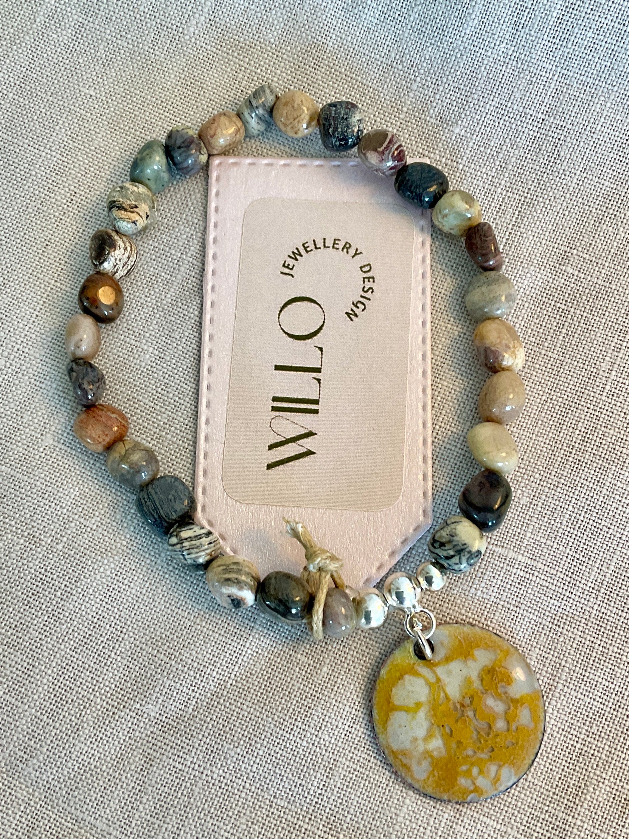 Silver leaf Jasper gemstone bracelet with enamel charm