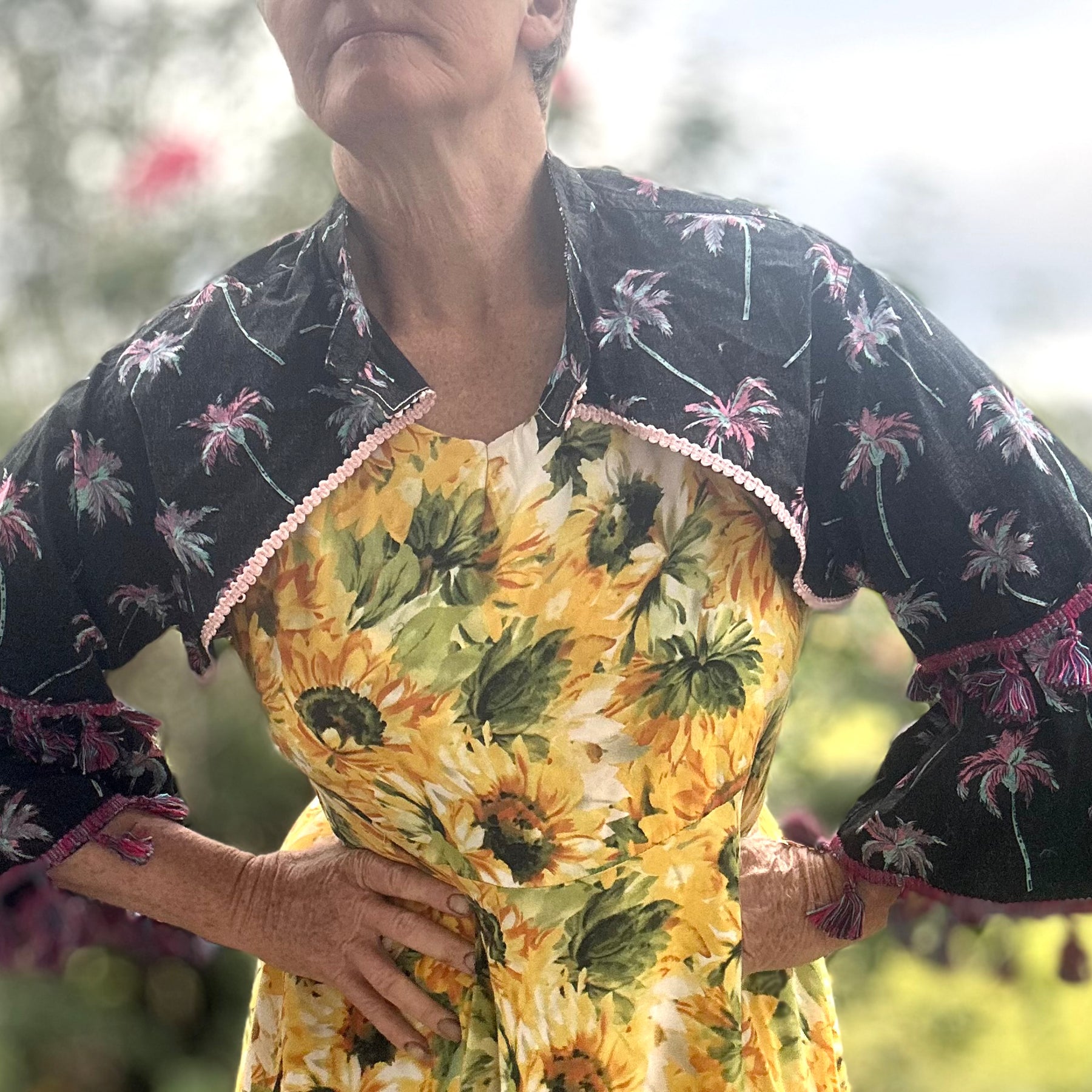 Upcycled Pink Palms on Black Bolero 3/4 Sleeves