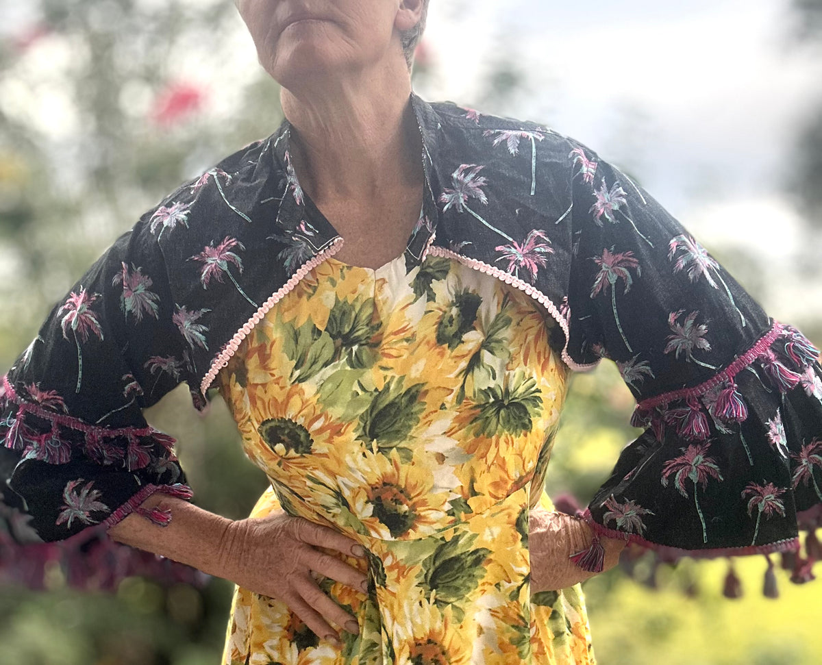 Upcycled Pink Palms on Black Bolero 3/4 Sleeves