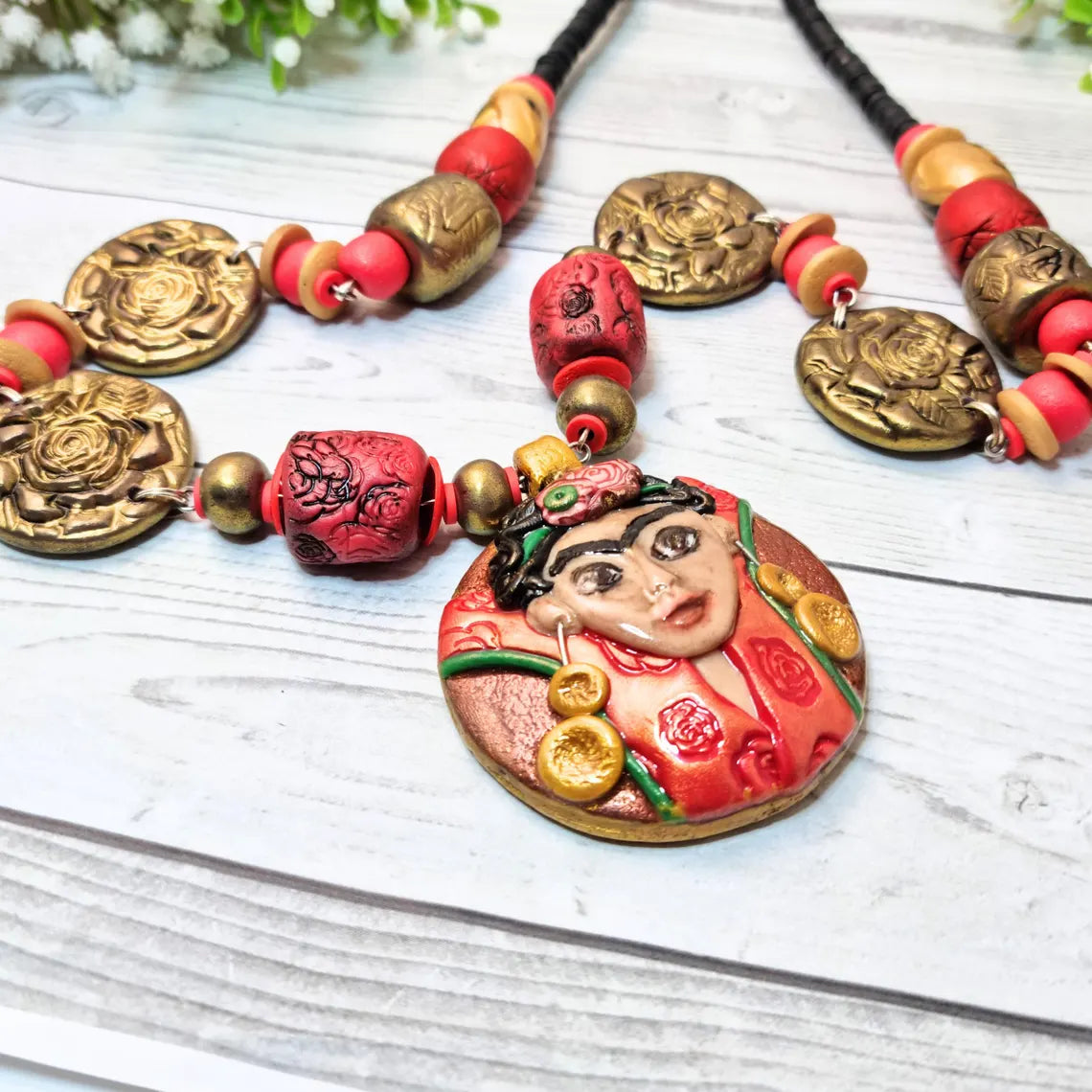 Artisan Polymer Clay Frida Kahlo Inspired Statement Necklace