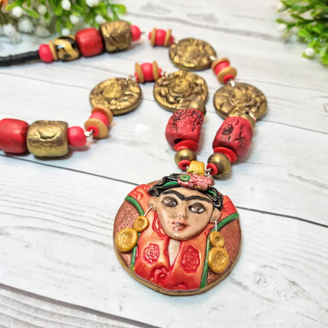 Artisan Polymer Clay Frida Kahlo Inspired Statement Necklace