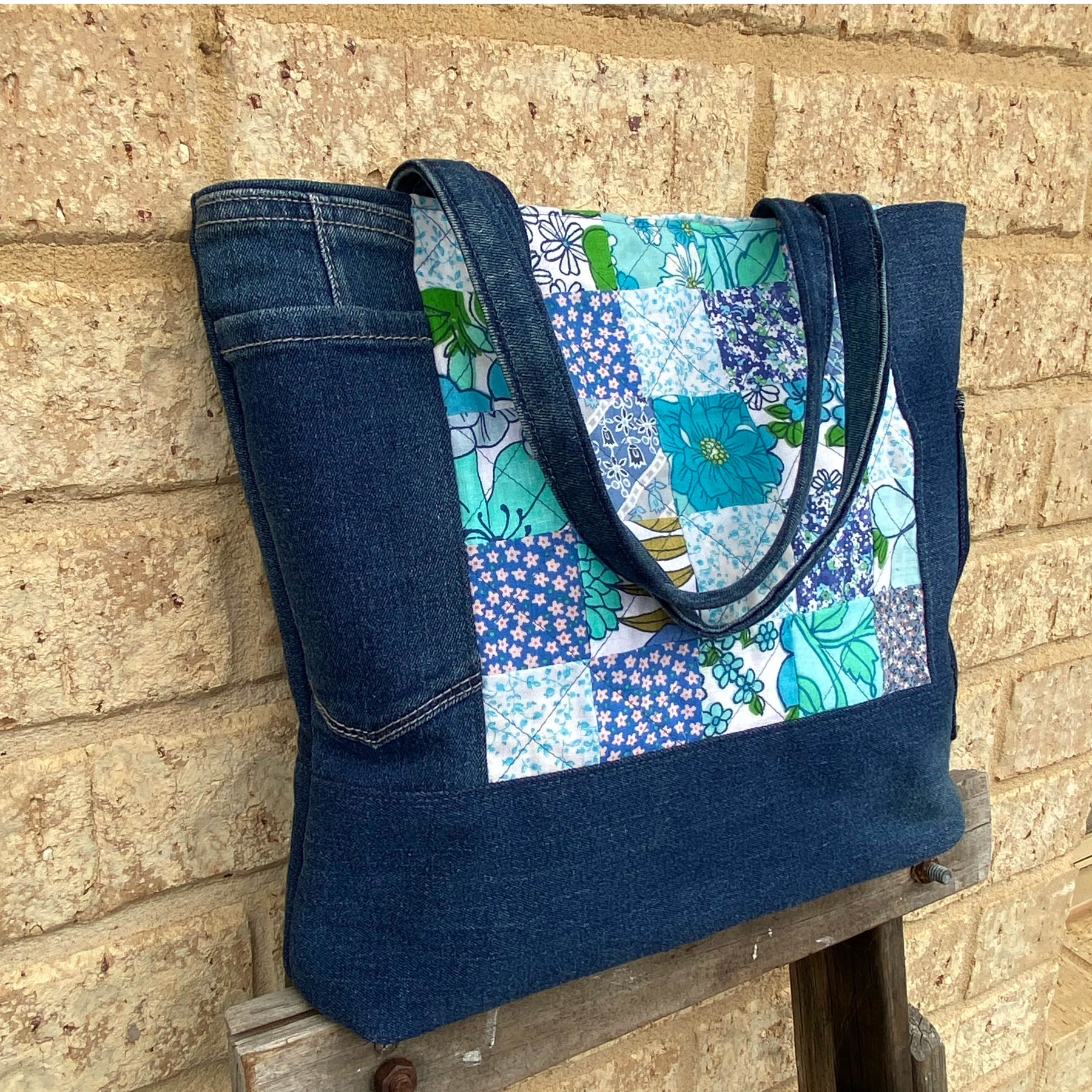 Coastal Blue Handmade Tote Bag Upcycled Vintage Fabrics & Denim Made
