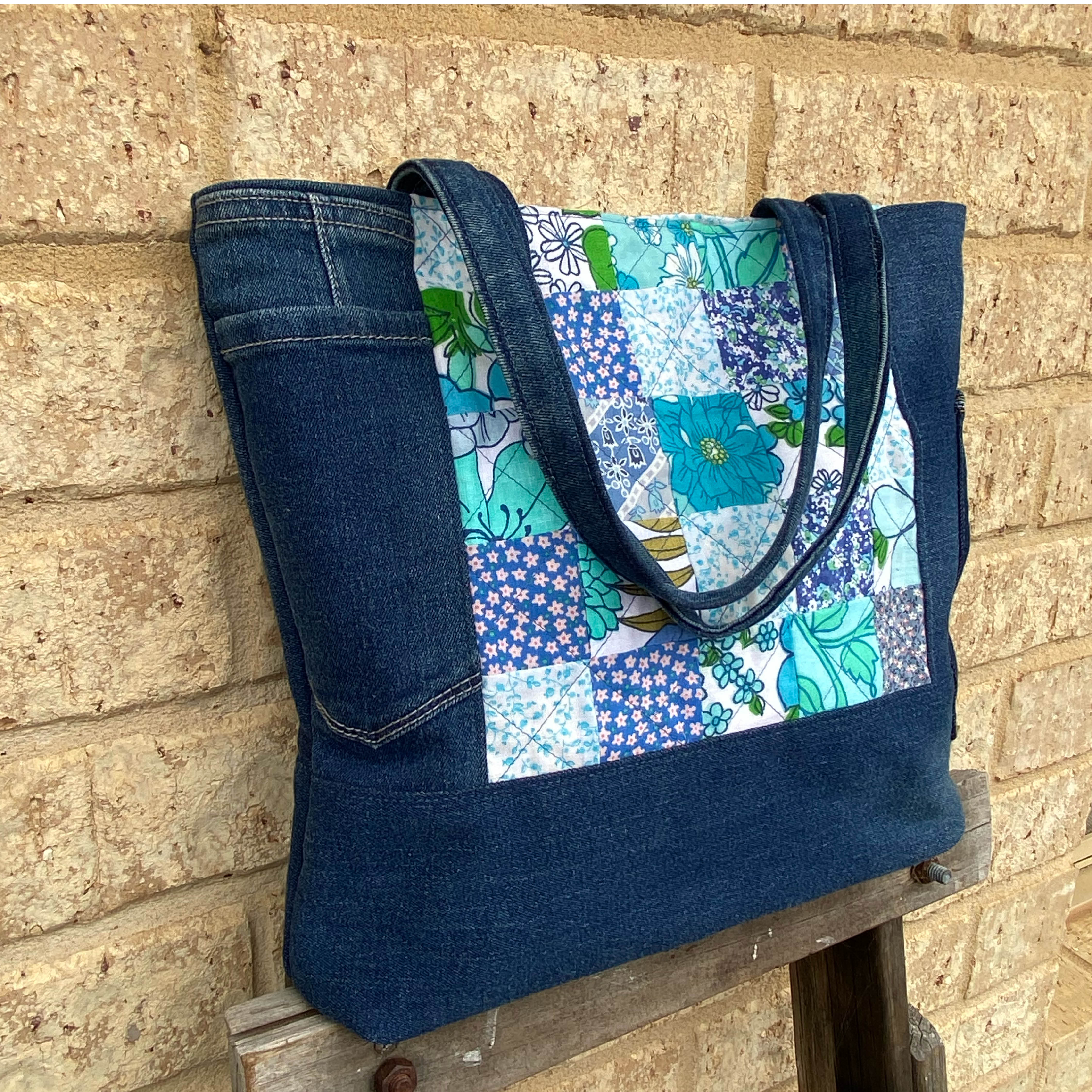 Coastal Blue Handmade Tote Bag Upcycled Vintage Fabrics & Denim Made