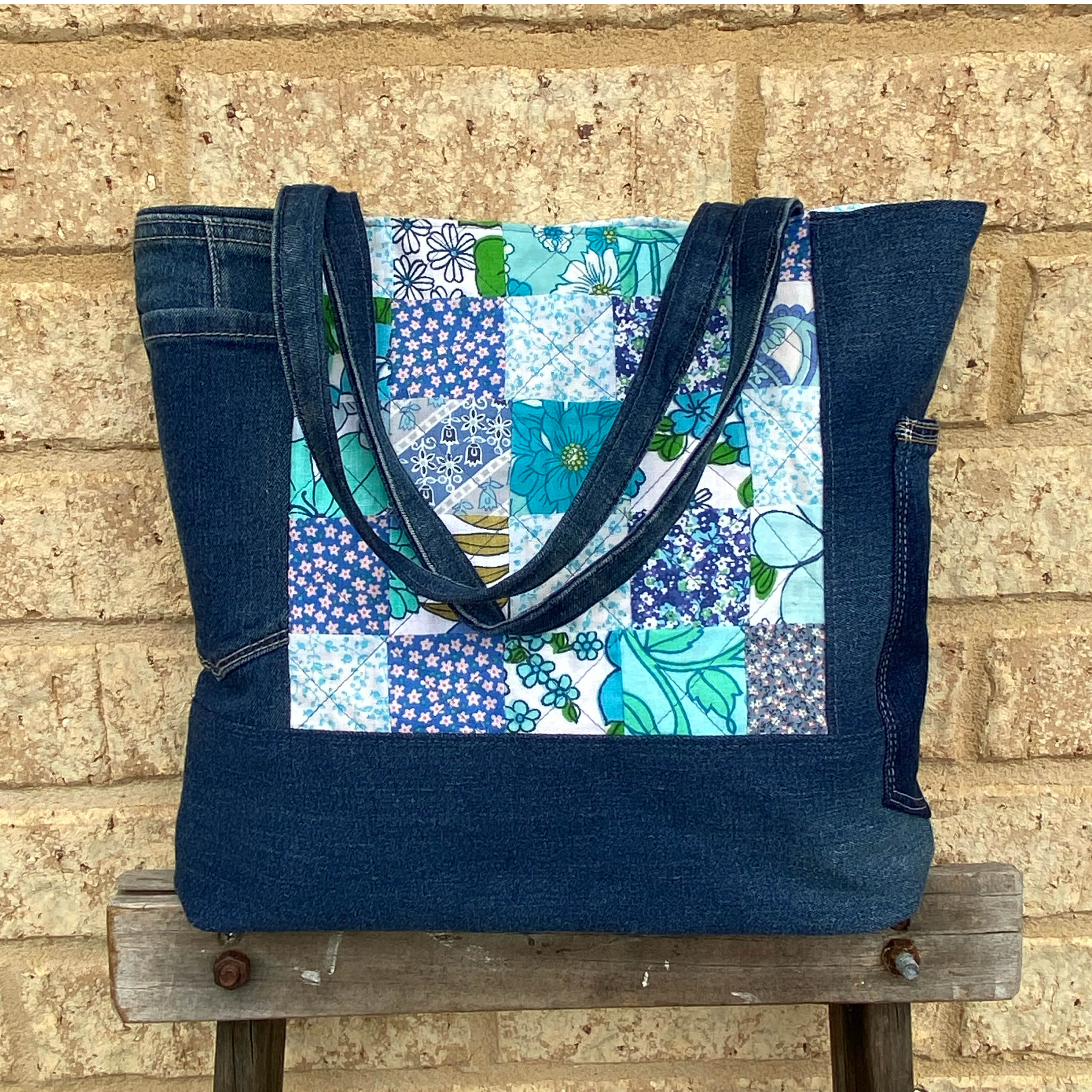 Coastal Blue Handmade Tote Bag Upcycled Vintage Fabrics & Denim Made