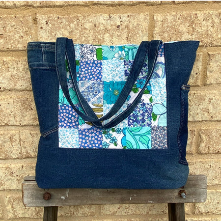 Coastal Blue Handmade Tote Bag Upcycled Vintage Fabrics & Denim Made