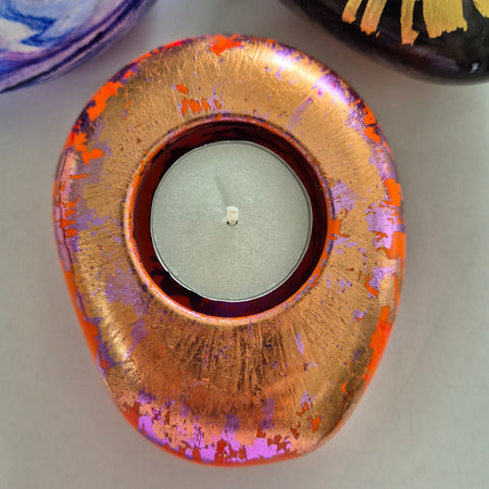 Large orange and gold pebble shaped tealight candle holder