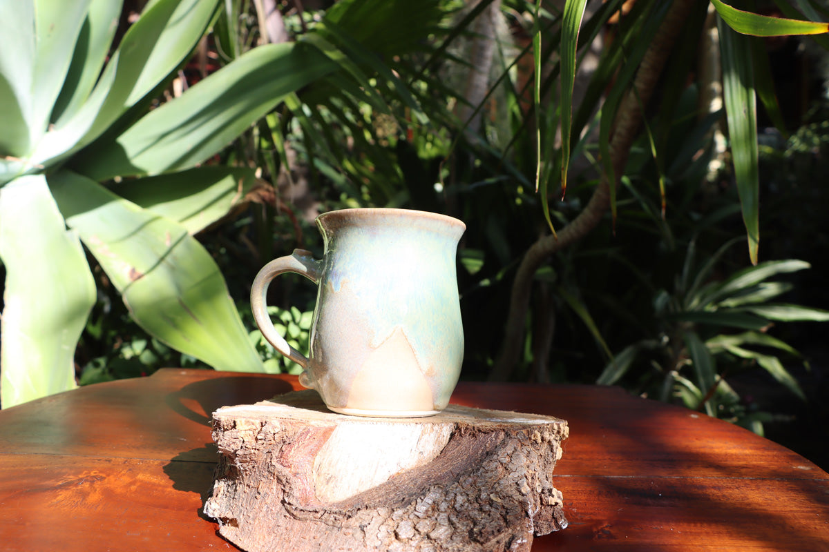 Large stoneware coffee mugs in misty green over cream glaze, hand made tea mugs