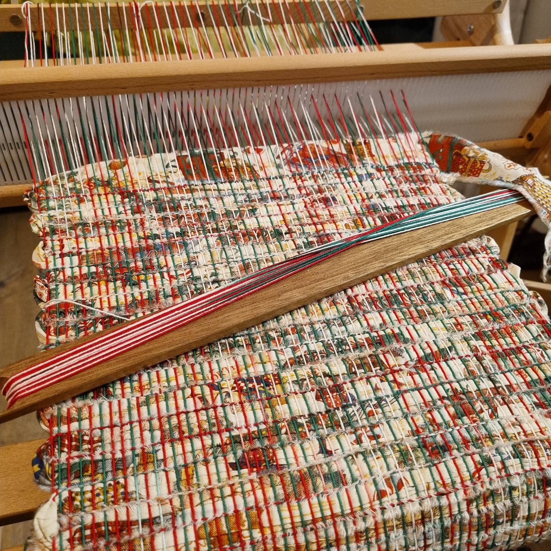 Handwoven Christmas fabric table runner festive print