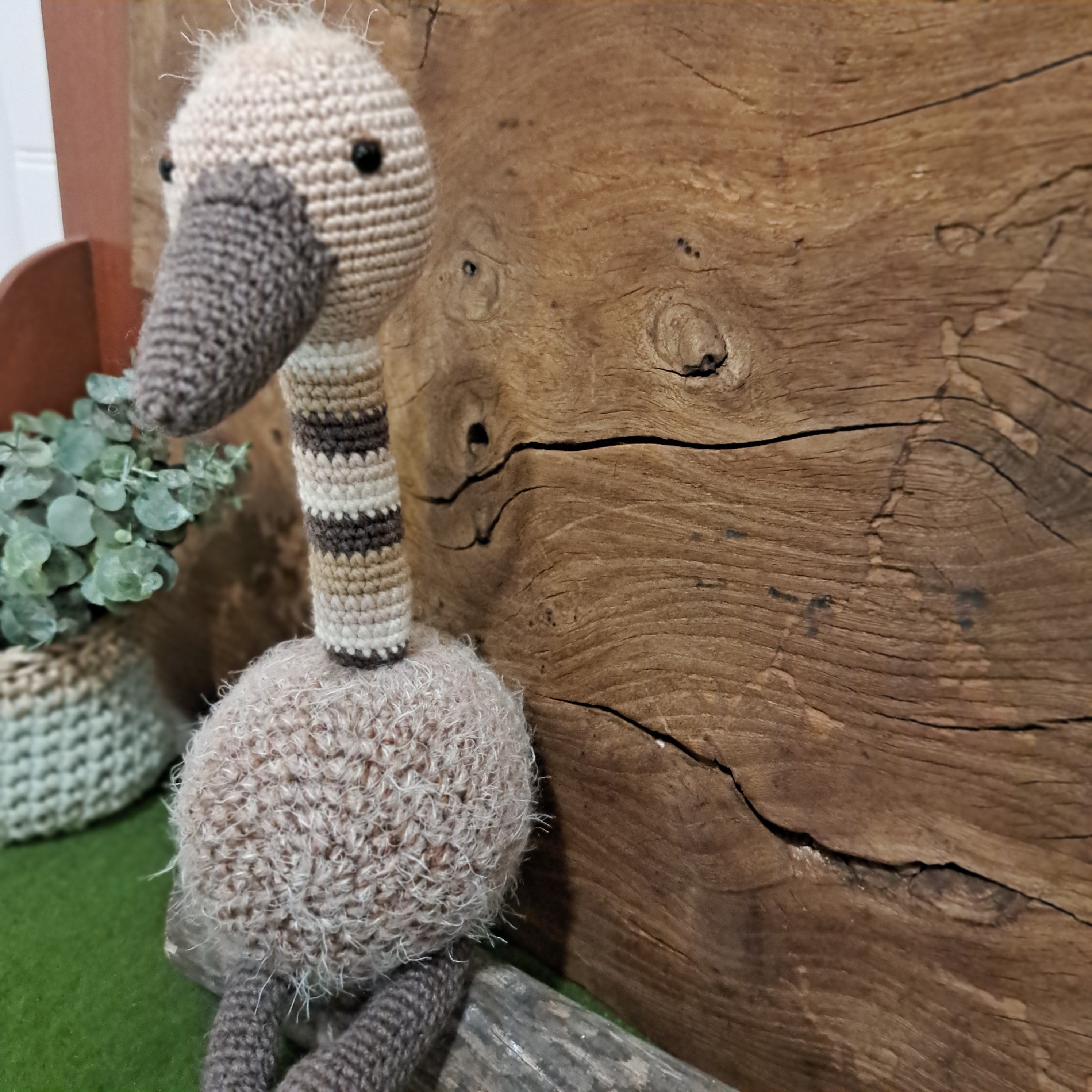 Crochet toy emu.