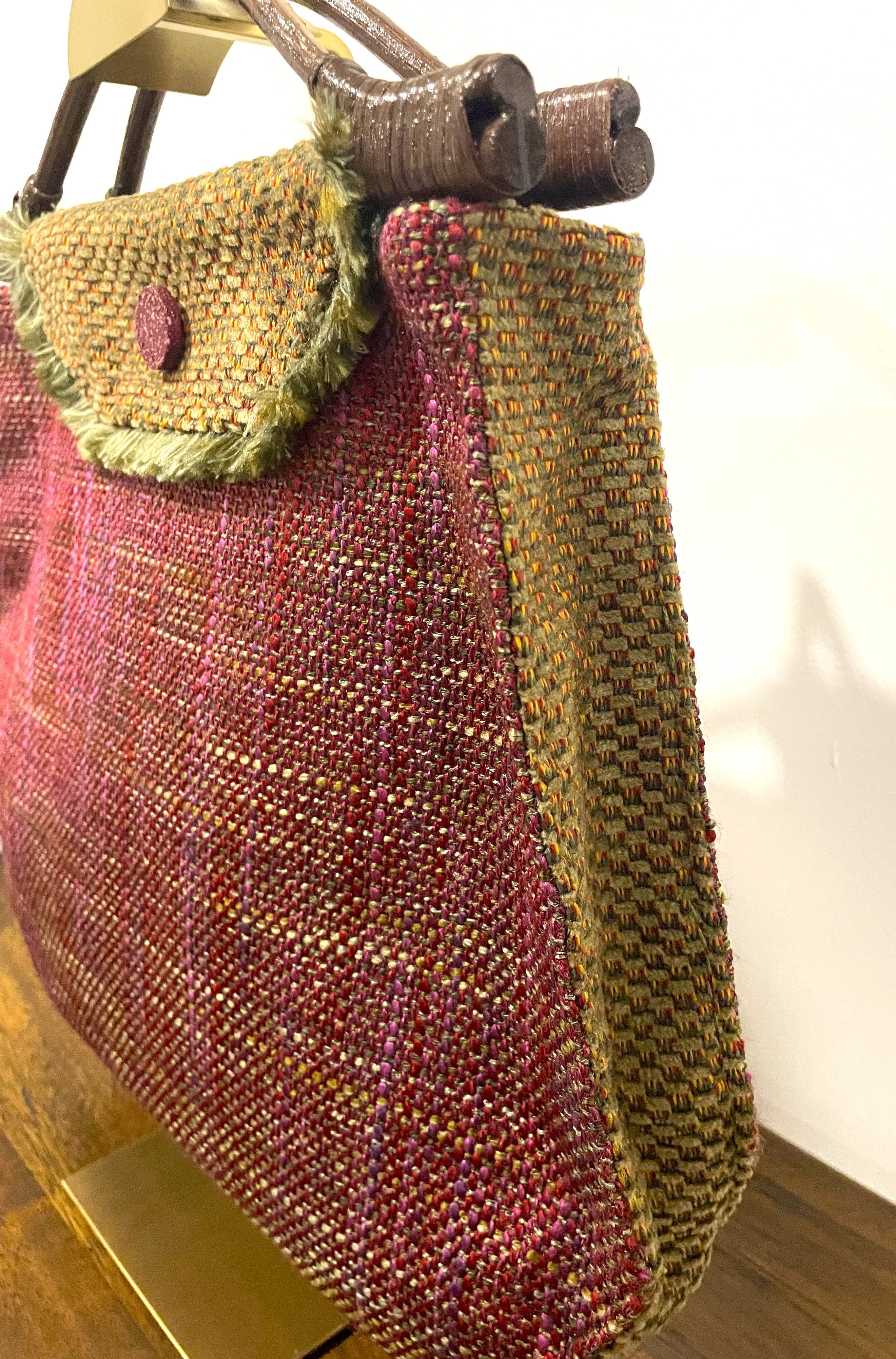 Handmade Pink Woven Handbag with Bamboo Handles