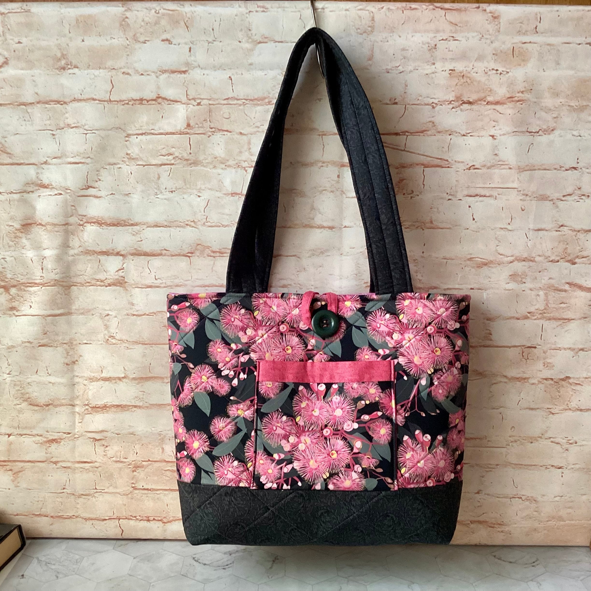 Flowering Gum blossom Floral Tote Bag: Handmade, quilted cotton shoulder bag with pockets