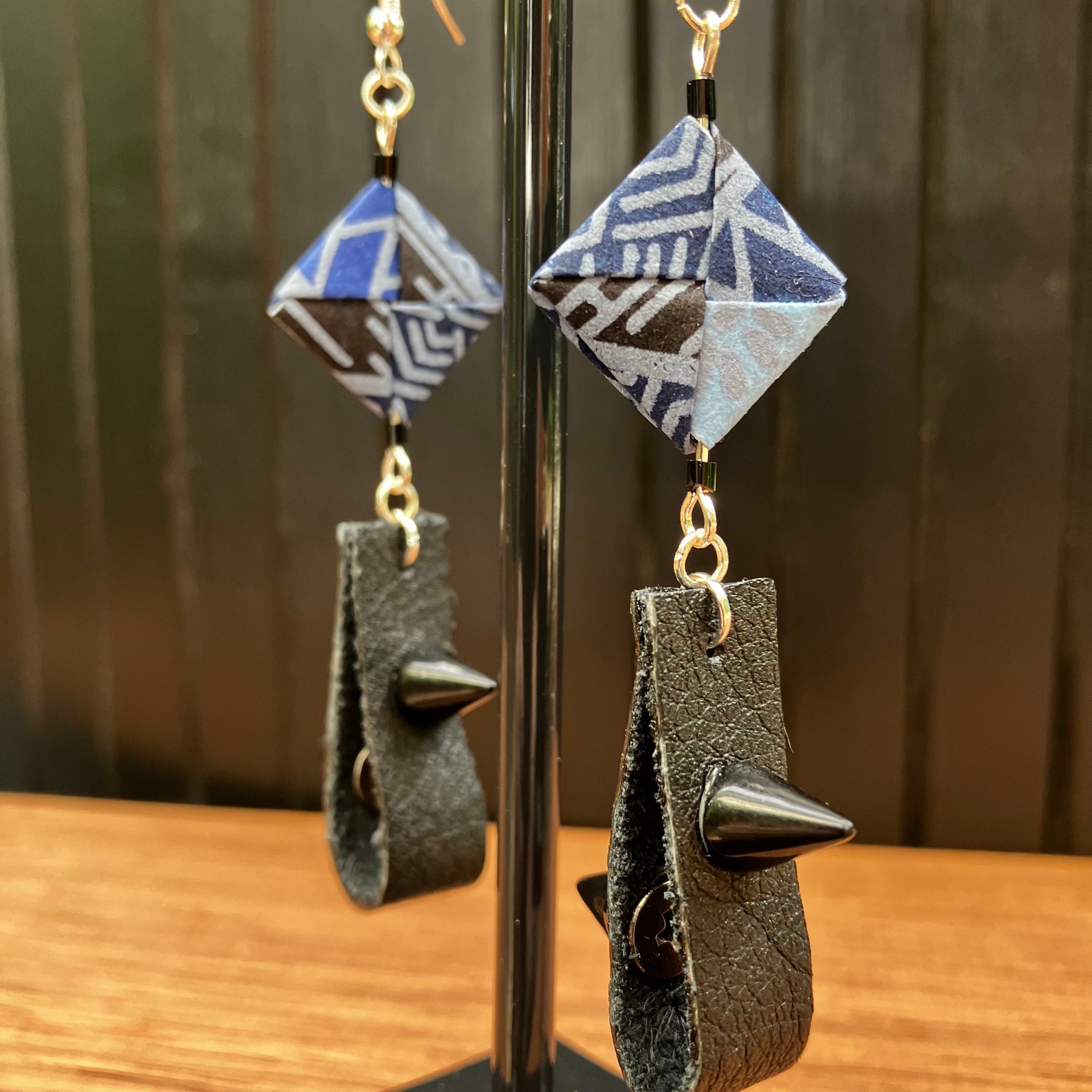 Indigo Japanese Paper and Leather Earrings – statement origami earrings